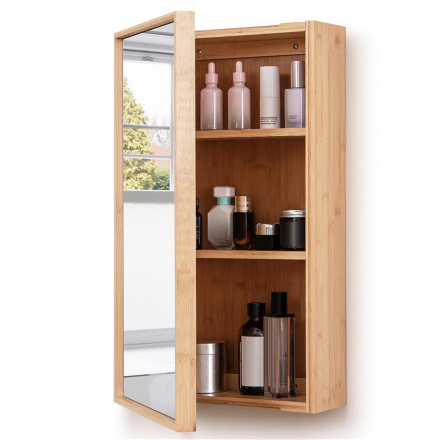 Alt View 2. Pefilos - Bamboo Bathroom Medicine Cabinet with Mirror, Wall Mounted Single Mirror Door Storage Cabinet with 2 Adjustable Shelf - Beige.