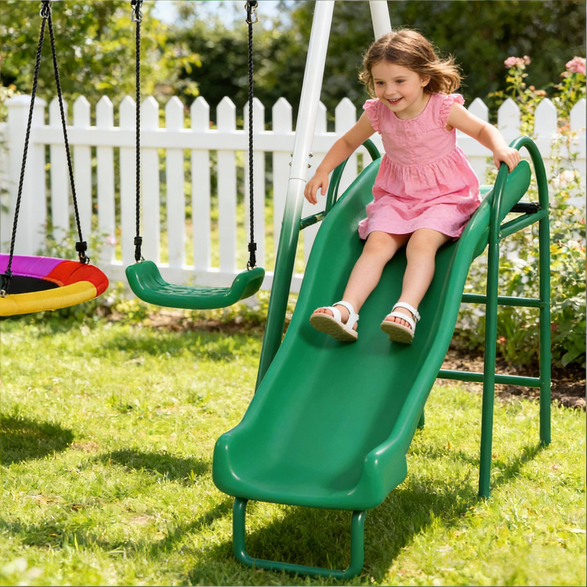 Left. Siljoy - Metal Swing Set with Saucer Swing, Slide & Adjustable Ropes, 265lb Capacity, for Ages 3‑8, Backyard - Black,Dark Green,White.