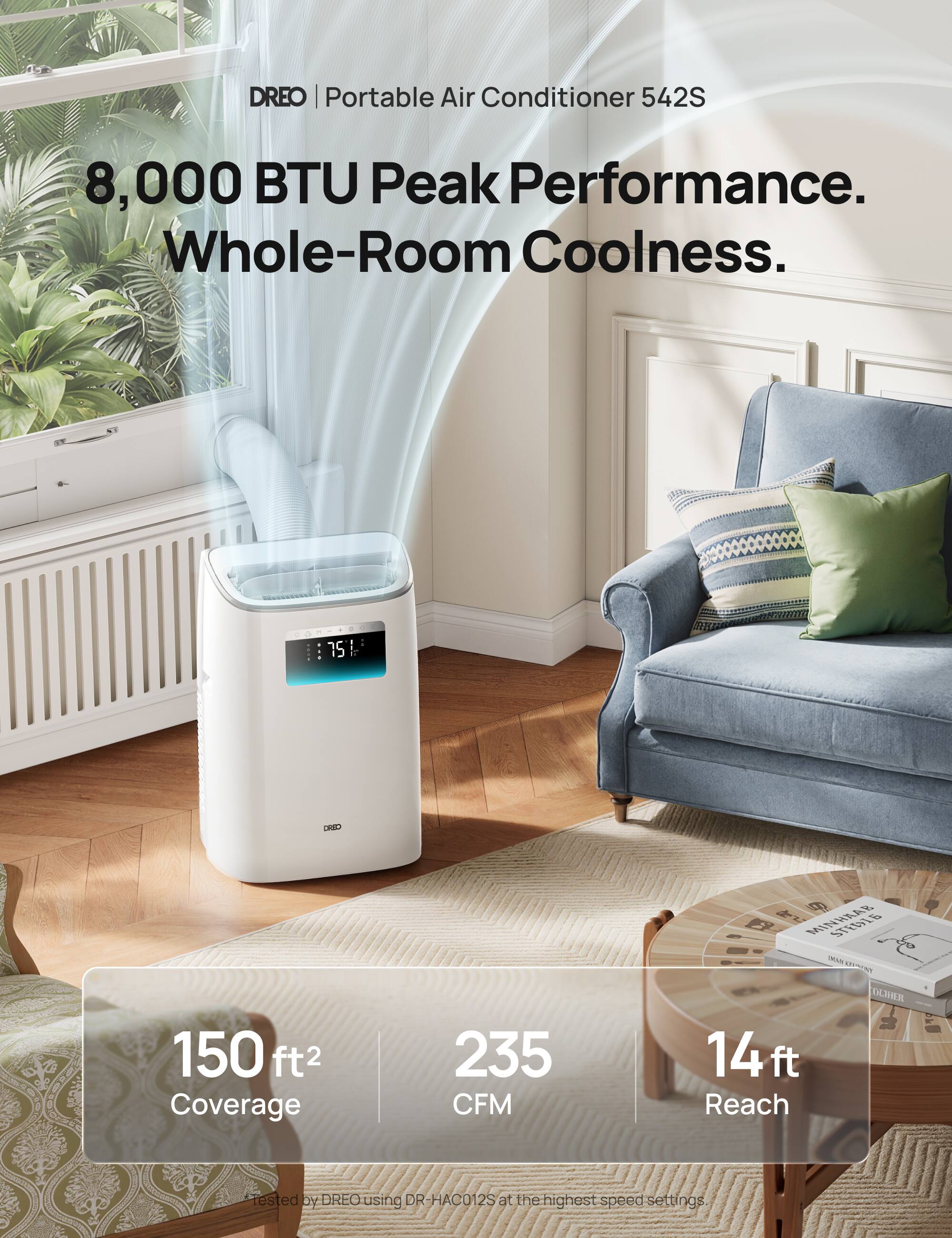 DREO | Portable Air Conditioner 542S  
8,000 BTU Peak Performance. Whole-Room Coolness.  
150 ft² Coverage  
235 CFM  
14 ft Reach  
Tested by DREO using DR-HAC012S at the highest speed settings.