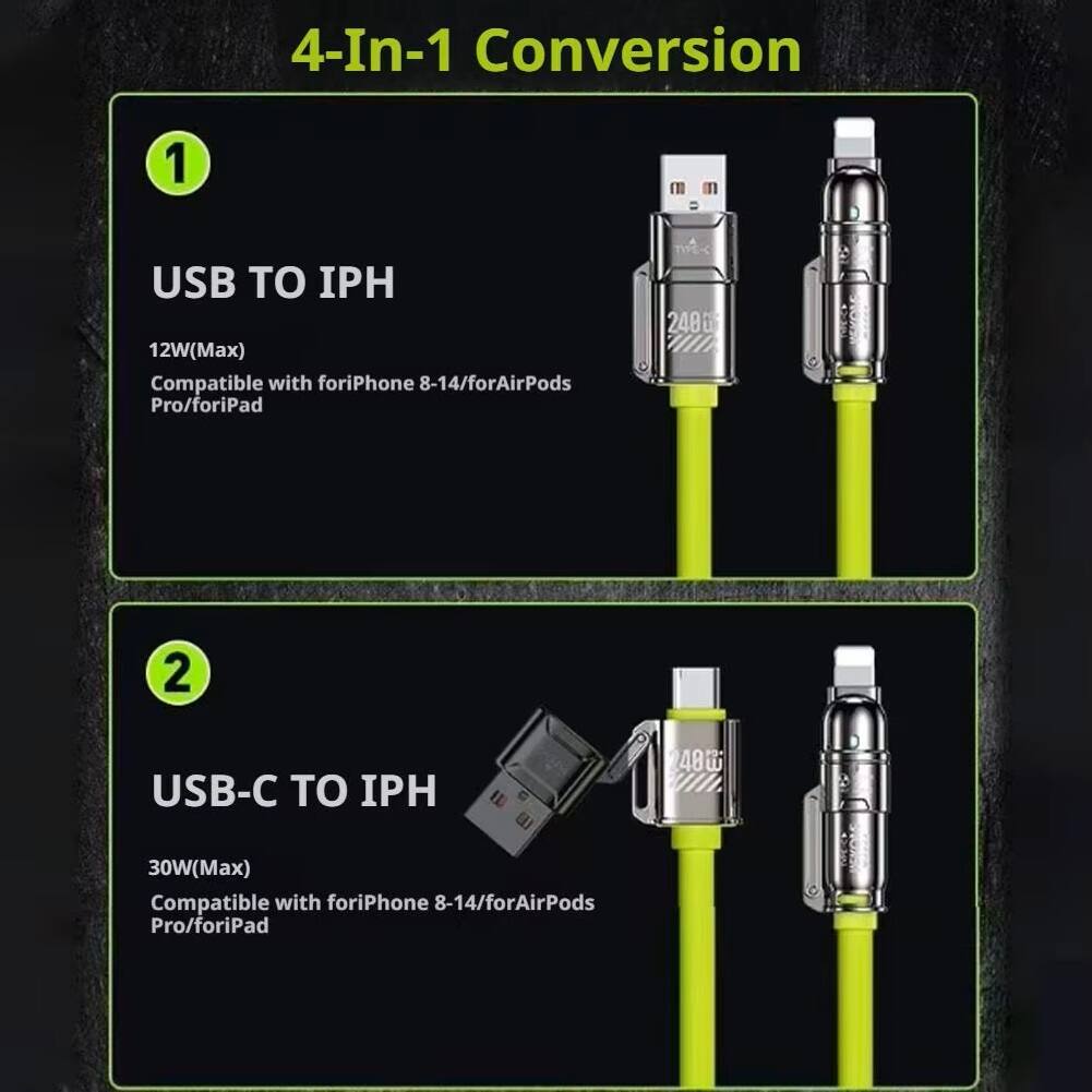 4-In-1 Conversion

1. USB TO IPH
   - 12W (Max)
   - Compatible with for iPhone 8-14/for AirPods Pro/for iPad

2. USB-C TO IPH
   - 30W (Max)
   - Compatible with for iPhone 8-14/for AirPods Pro/for iPad