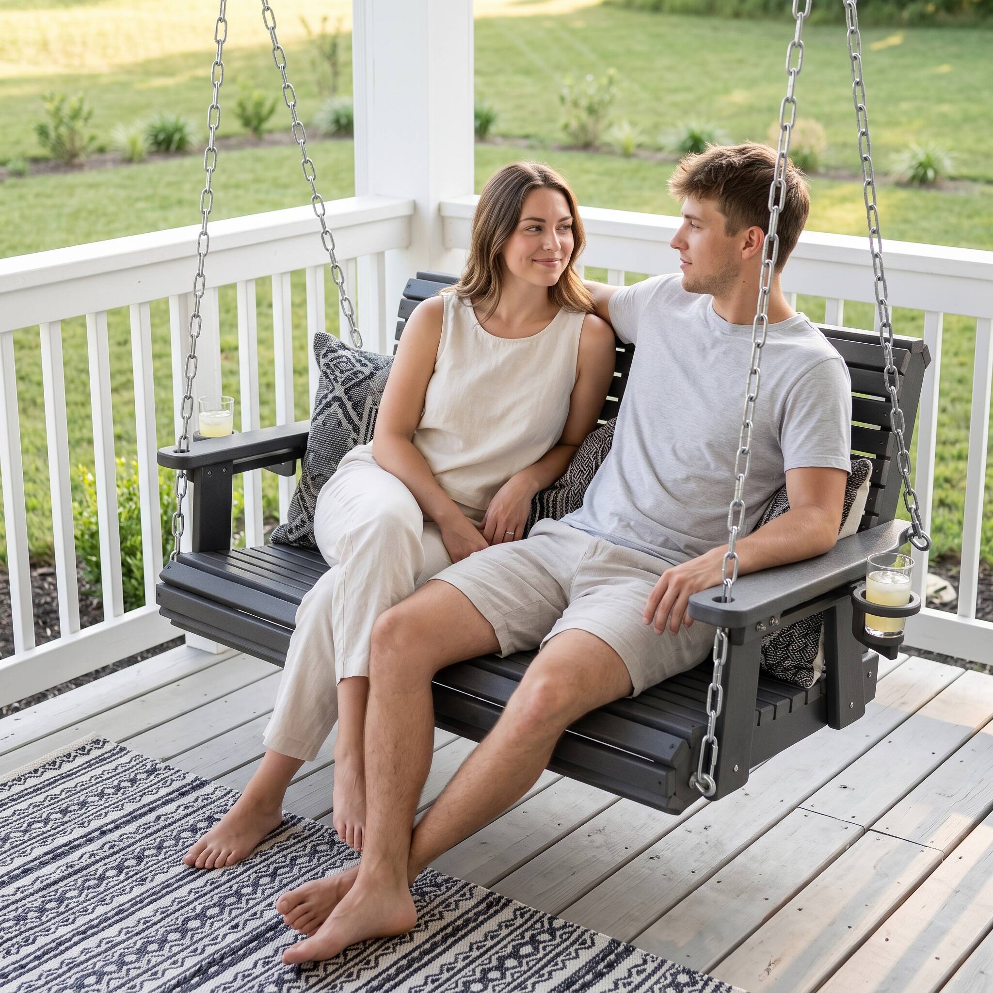 Angle. Fortune Candy - HDPE Outdoor Swing with Cup Holders, All Weather-Resistant Porch Swing, Heavy Duty 1200 LBS, for Patio Garden Yard - Gray.