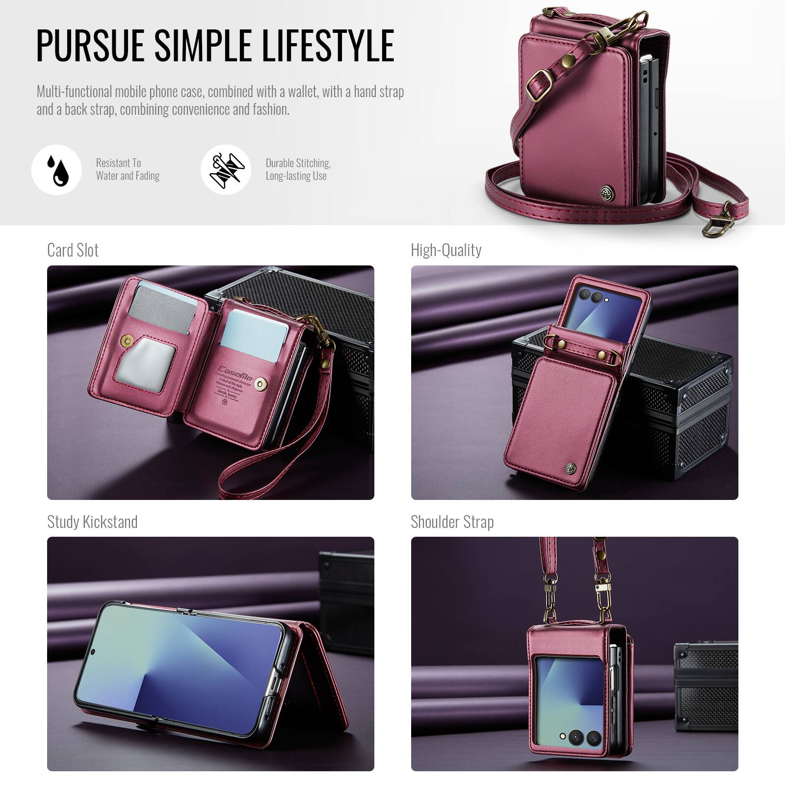 PURSUE SIMPLE LIFESTYLE  
Multi-functional mobile phone case, combined with a wallet, with a hand strap and a back strap, combining convenience and fashion.

- Resistant To Water and Fading
- Durable Stitching, Long-lasting Use
- Card Slot
- High-Quality
- Study Kickstand
- Shoulder Strap