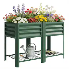 Outsunny - Garden Bed Galvanized Steel, Elevated Planter Box with Storage Shelf, Bed Liner - Green