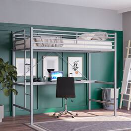 Emma + Oliver - Jensen Metal Loft Bed Frame with Desk, Protective Guard Rails and Ladder for Kids, Teens and Adults - Gray