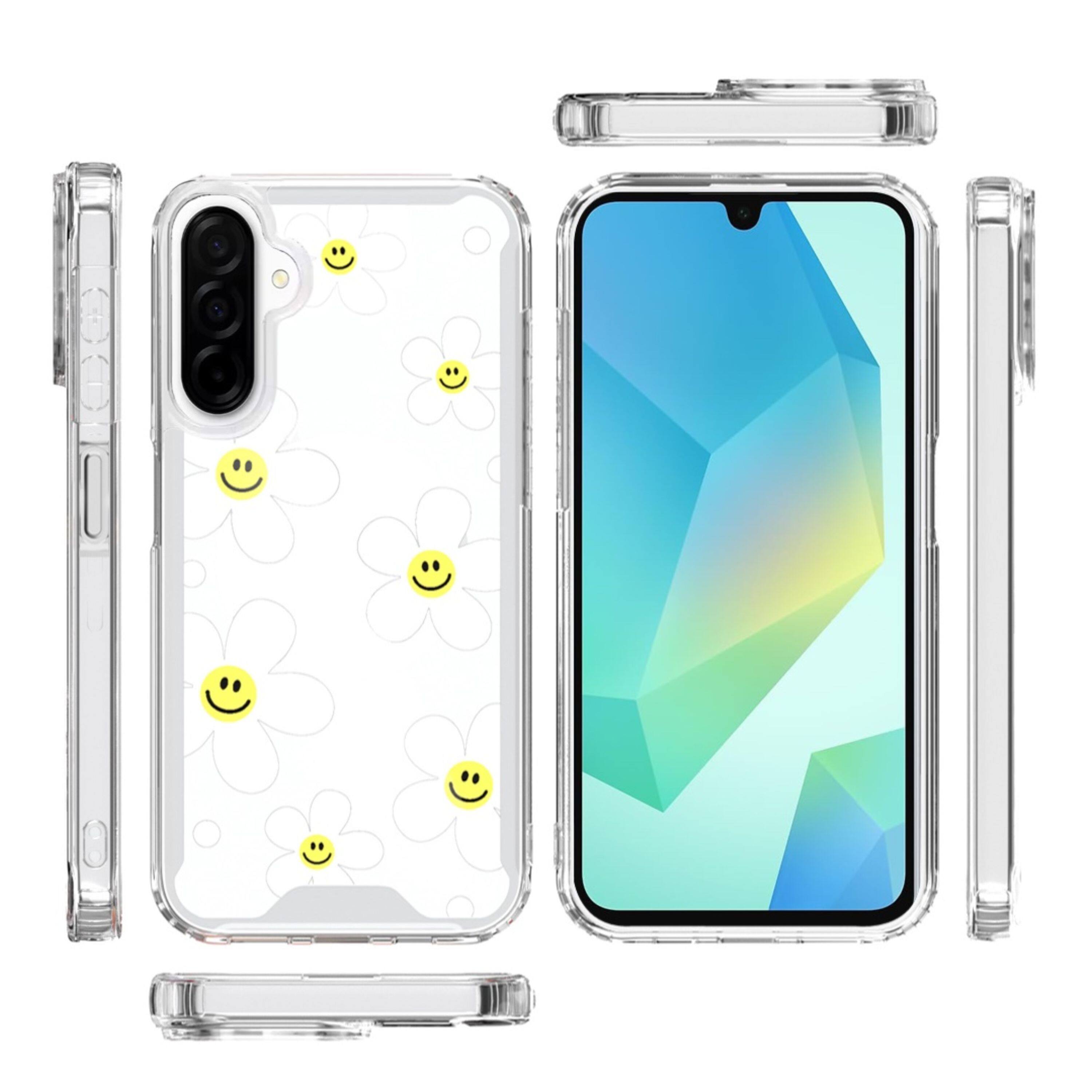 Angle. Kitcheniva - Smiley Daisies Print Design On Clear TPU Phone Case With Tempered Glass For Samsung Galaxy A16 5G - Multicolor.