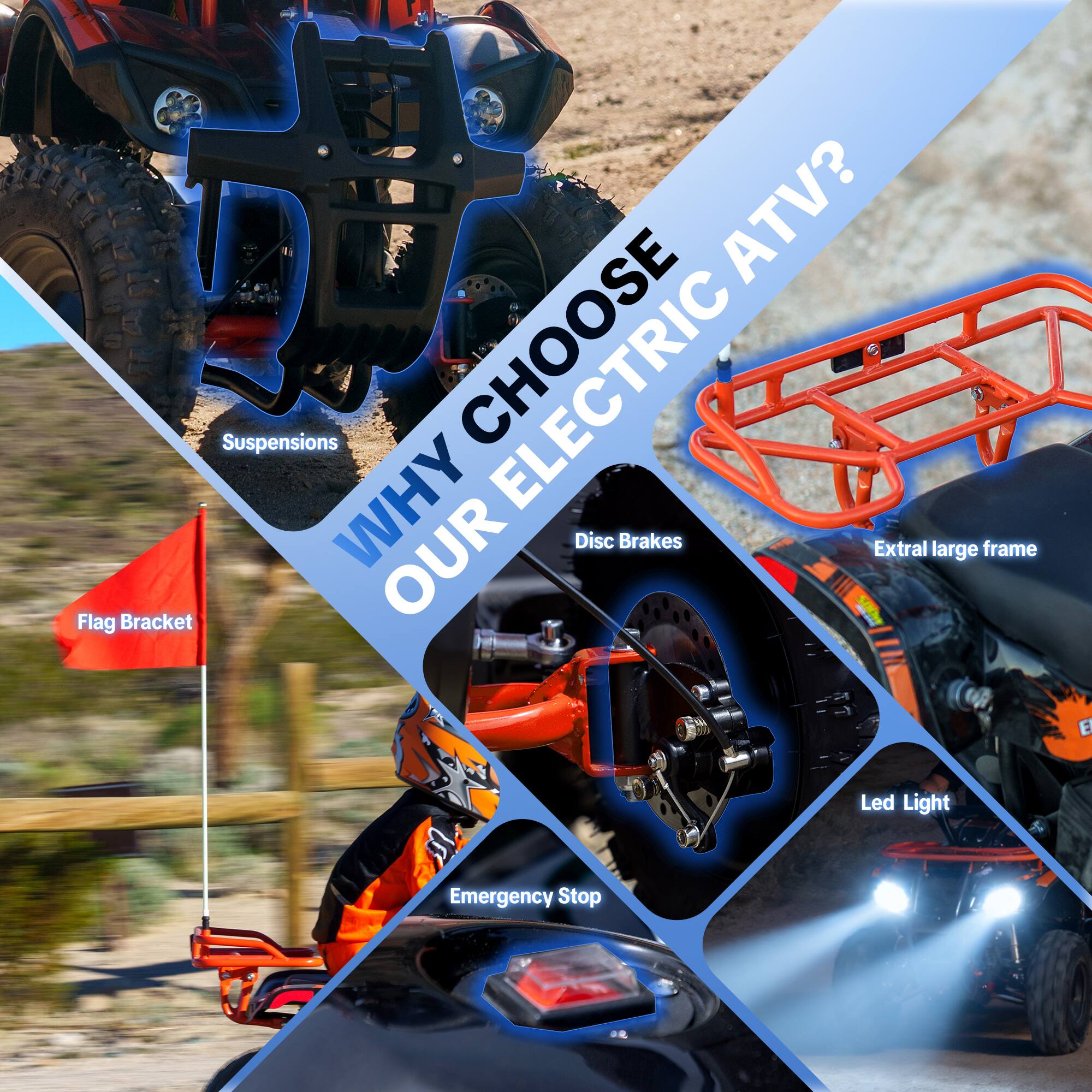 ATV? Suspensions WHY OUR ELECTRIC Disc Brakes Extra large frame Flag Bracket Led Light Emergency Stop