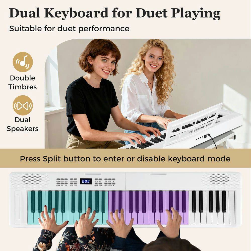Dual Keyboard for Duet Playing  
Suitable for duet performance  

Double Timbres  
Dual Speakers  

Press Split button to enter or disable keyboard mode