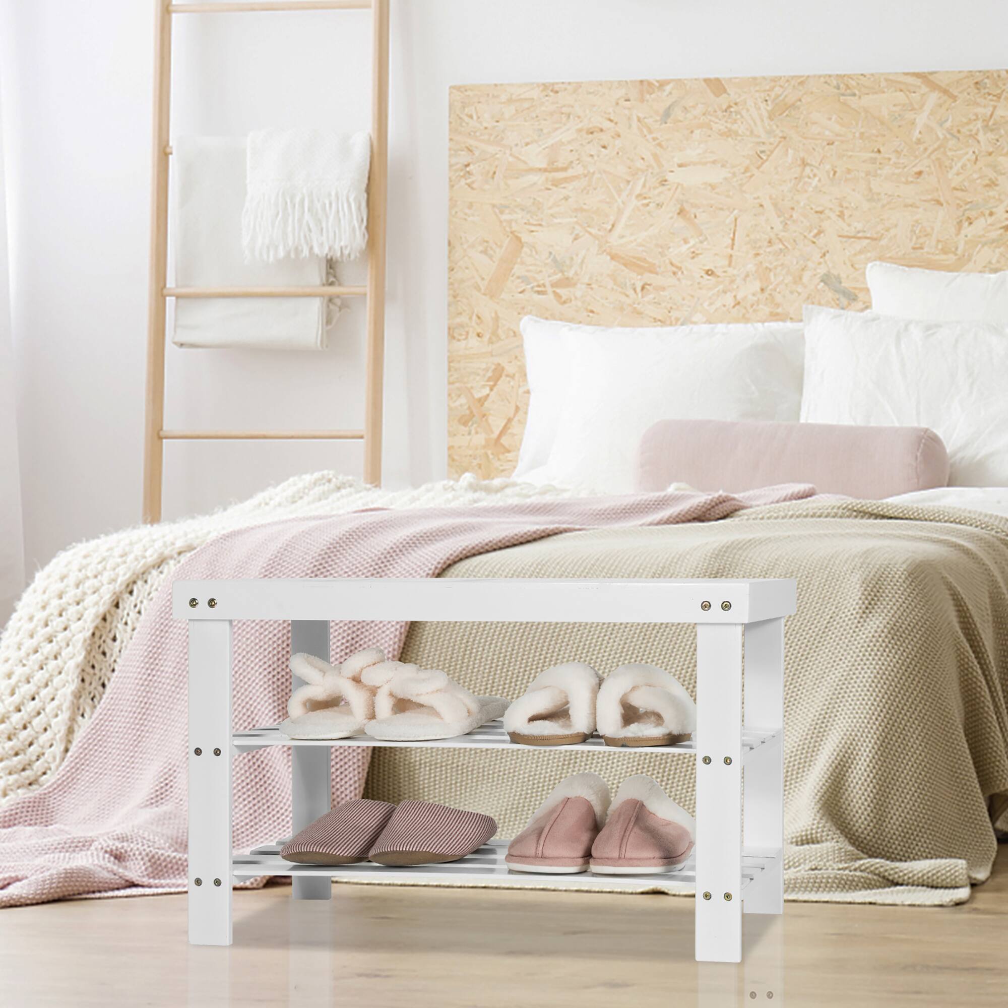 Alt View 17. Costway - Bamboo Shoe Rack Bench 3-Tier Storage Shelf Holder Home Entryway Hallway White - White.