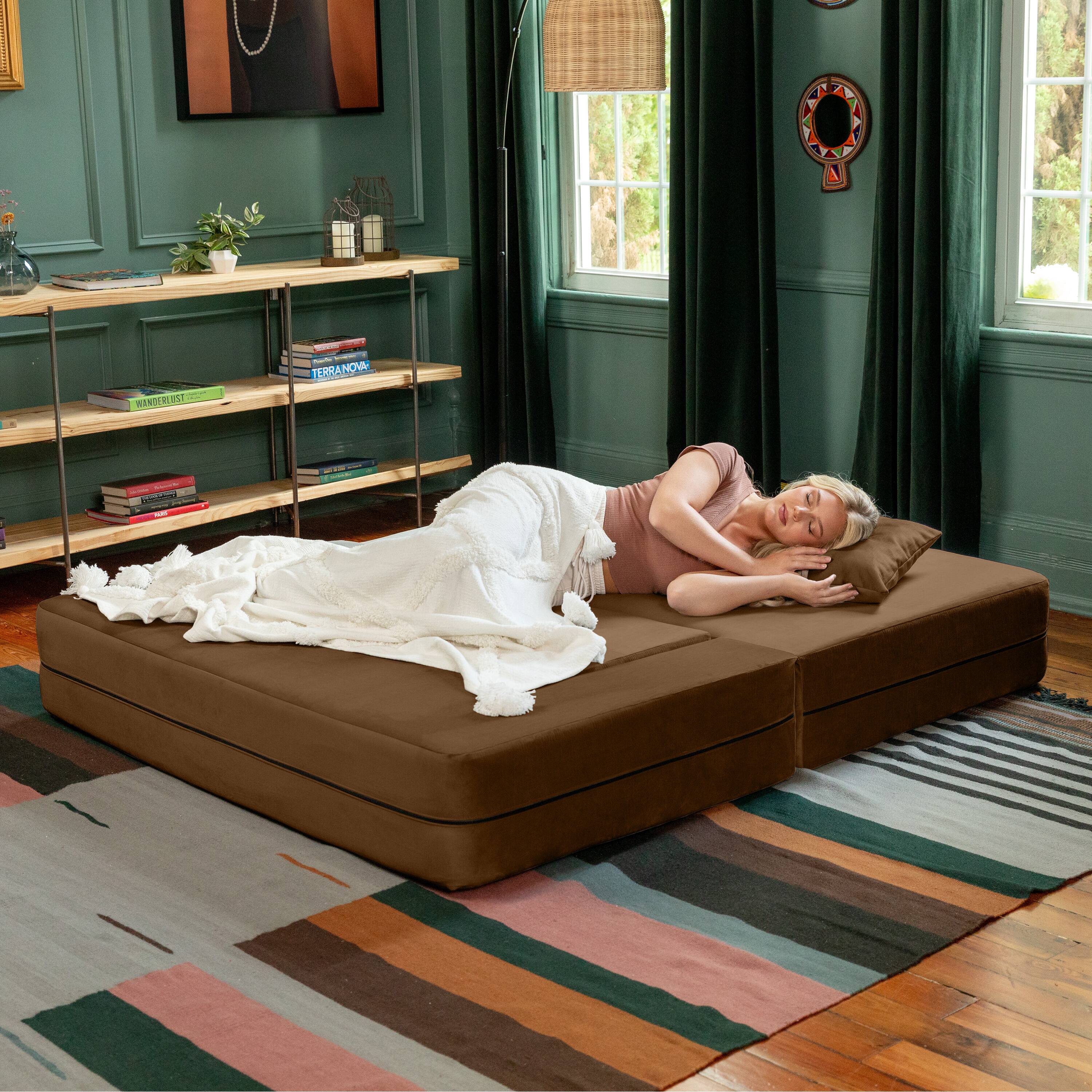 Alt View 2. Jaxx - Jaxx Zipline Convertible Sleeper Loveseat & Ottomans, Textured Microvelvet - Toffee - Toffee.