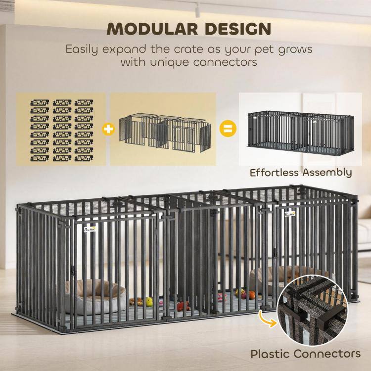 MODULAR DESIGN  
Easily expand the crate as your pet grows with unique connectors

thim  
+  
=  
Effortless Assembly  
Plastic Connectors