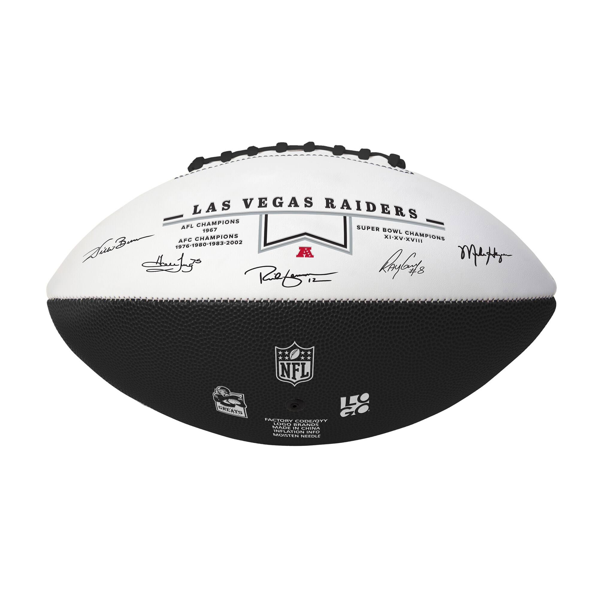 LAS VEGAS RAIDERS  
AFL CHAMPIONS 1967  
AFC CHAMPIONS 1976-1980-1983-2002  
SUPER BOWL CHAMPIONS XI-XV-XVIII  

NFL  
LAS VEGAS RAIDERS  
FACTORY CODE/YY  
LOADING INSTRUCTIONS  
MOISTEN BEFORE USE  
MADE IN CHINA  
NEEDLE