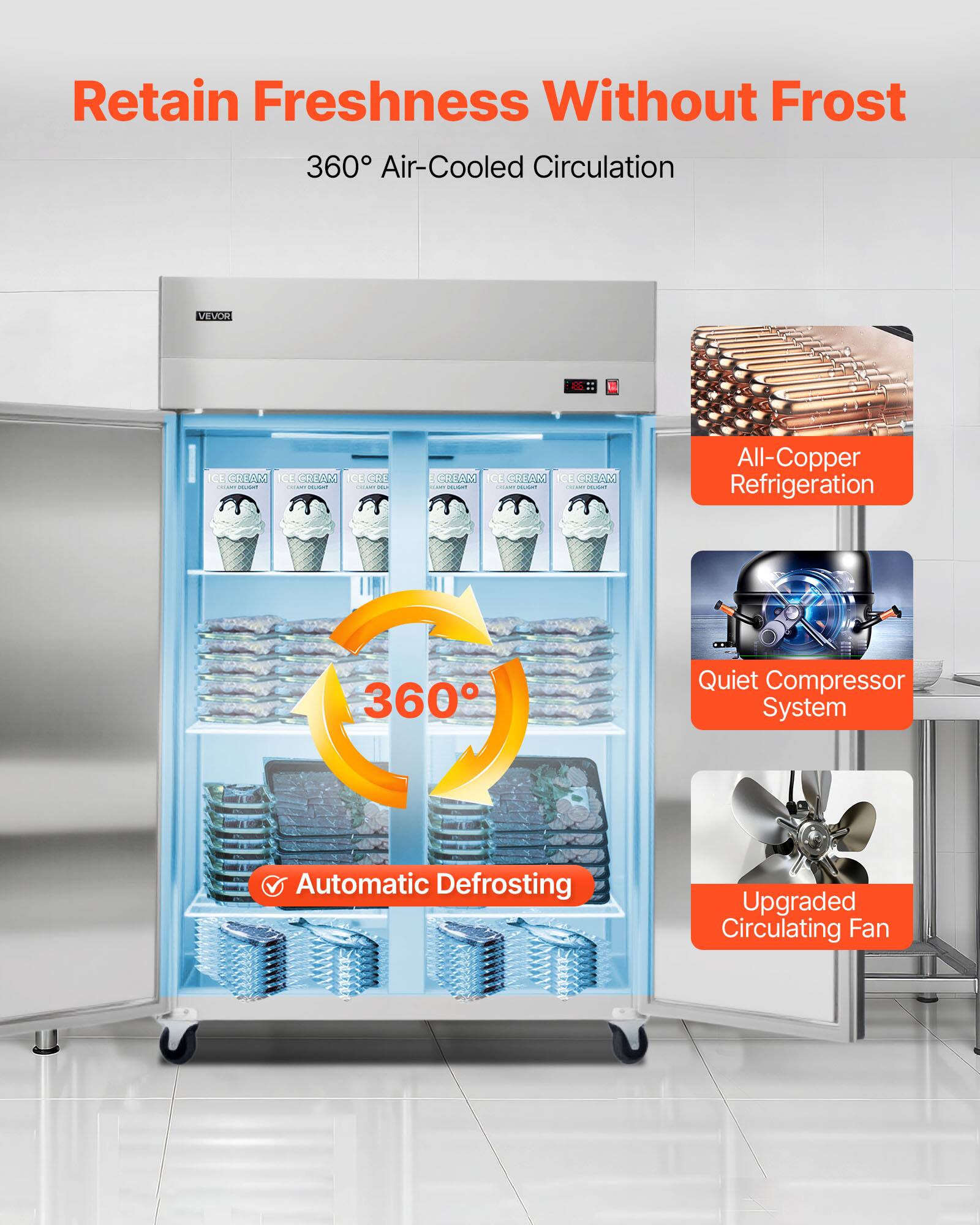 Retain Freshness Without Frost  
360° Air-Cooled Circulation  

- All-Copper Refrigeration  
- Quiet Compressor System  
- Automatic Defrosting  
- Upgraded Circulating Fan