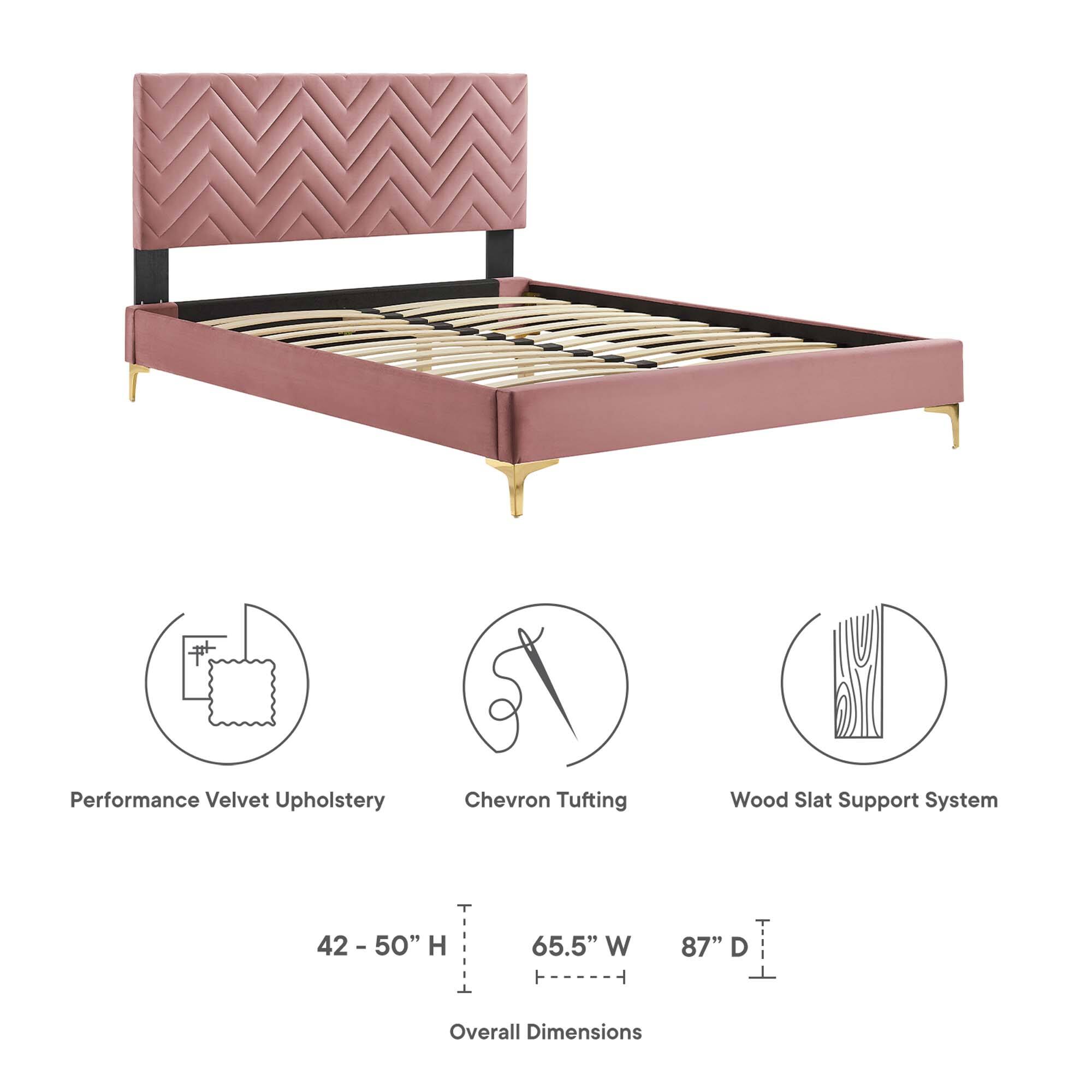Performance Velvet Upholstery  
Chevron Tufting  
Wood Slat Support System  

Overall Dimensions:  
42 - 50" H  
65.5" W  
87" D
