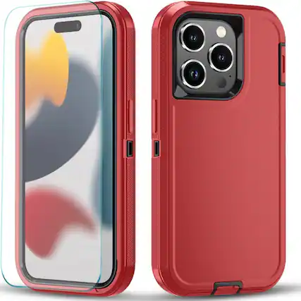 Front. Kitcheniva - Heavy Duty Shockproof Phone Cover With Tempered Glass For iPhone 14 Plus Red - Red.