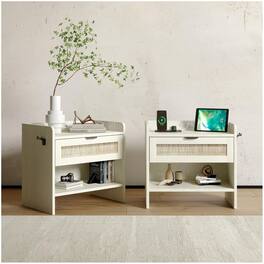GARVEE - Rattan Nightstand Set of 2, Bedside Table with Type-C Charging Station - 1 Drawer & Open Storage Space - White