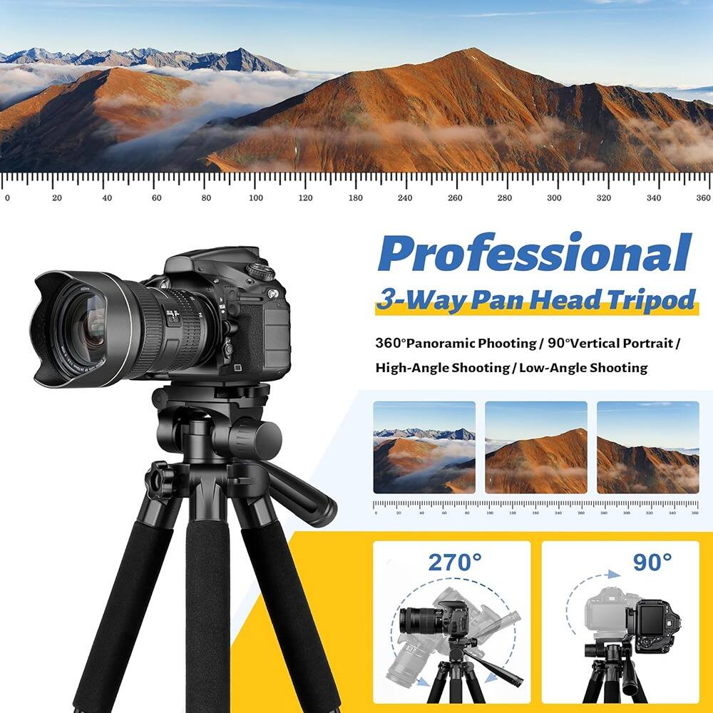 Professional 3-Way Pan Head Tripod

360° Panoramic Shooting / 90° Vertical Portrait / High-Angle Shooting / Low-Angle Shooting

270°

90°