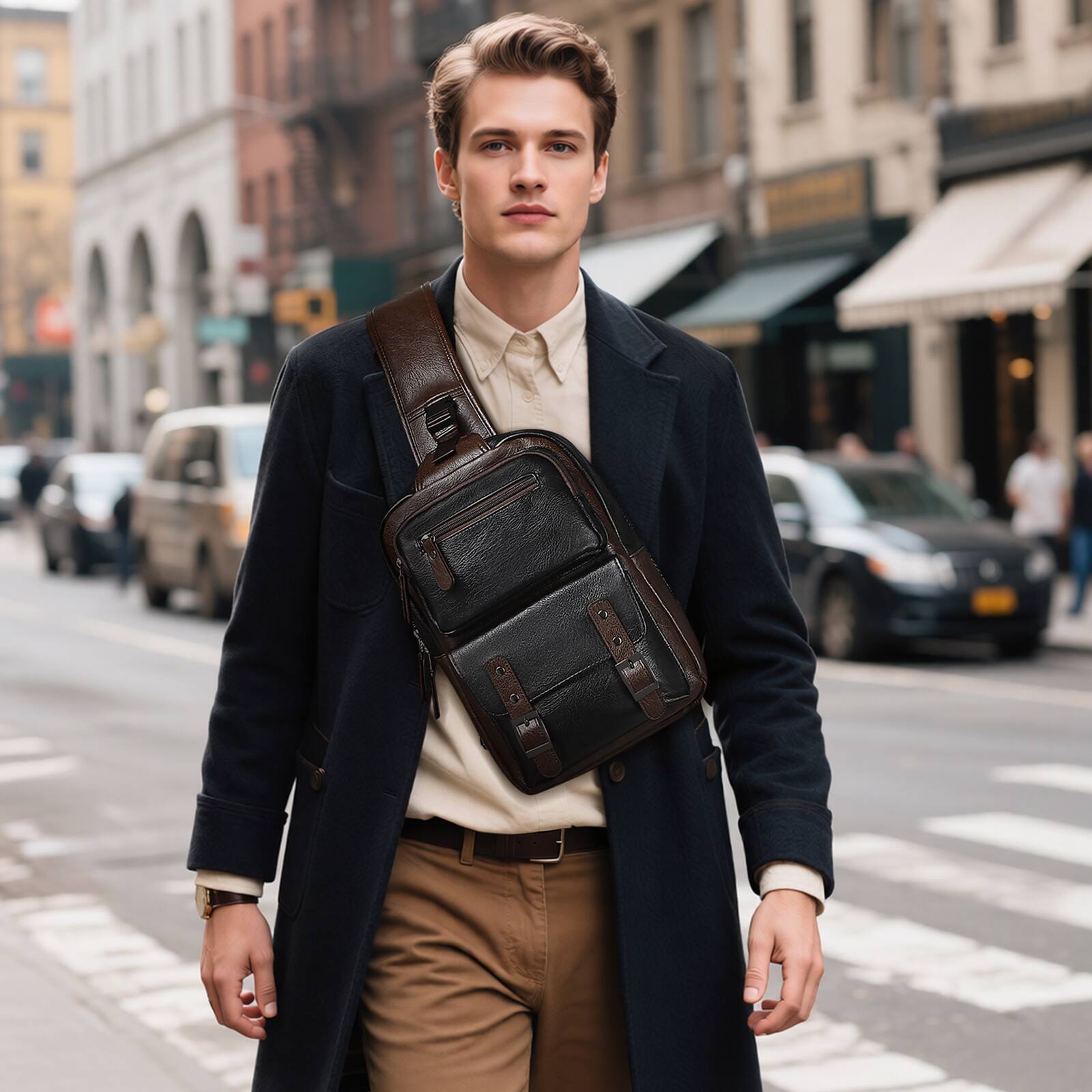 Alt View 6. Unique Bargains - Vintage PU Leather Sling Backpack Crossbody Shoulder Bag with Adjustable Strap Multi-Pocket Compact Travel Chest Bag - Brown Black.