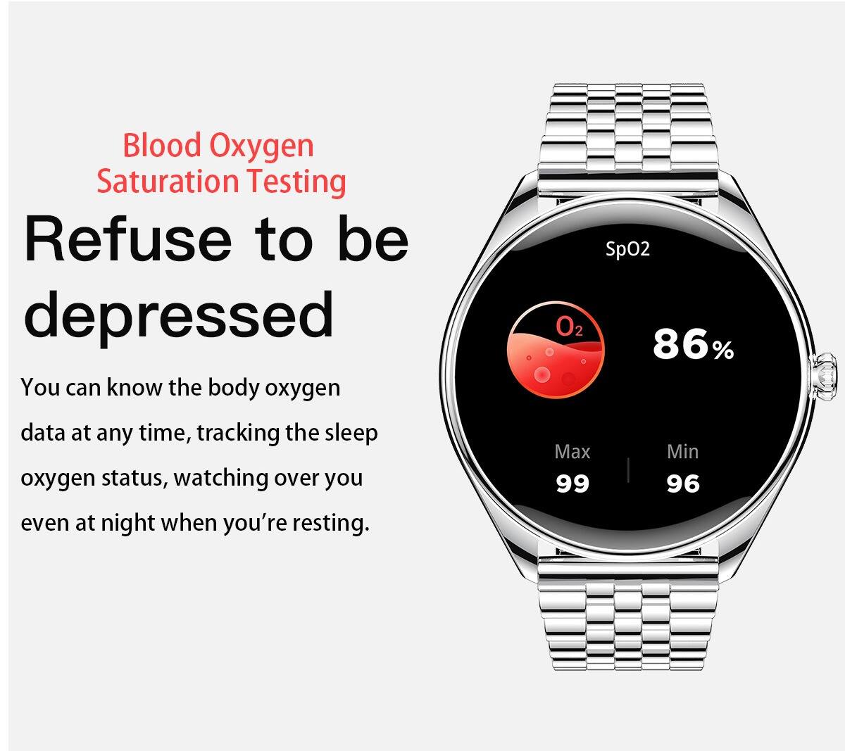 Blood Oxygen Saturation Testing  
Refuse to be depressed  

You can know the body oxygen data at any time, tracking the sleep oxygen status, watching over you even at night when you're resting.  

SpO2 O2 86%  
Max 99  
Min 96