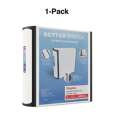 1-Pack  
BETTER BINDER  
Our Most Durable Binder  

Staples  
Lasting Performance  
Flexible Spine  
3 Staples  
600 Sheets