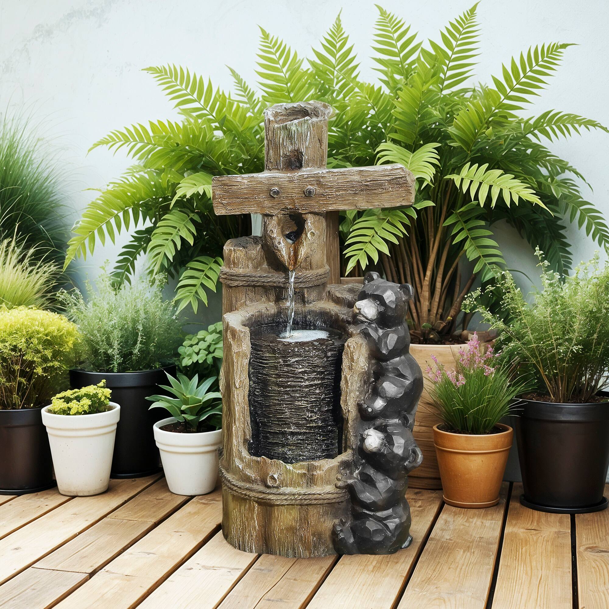 Alt View 1. Outsunny - 22.8" Tall Outdoor Water Fountain, 3-Tier Floor Standing Resin Bears on Log Waterfall Fountain with LED Lights - Brown.