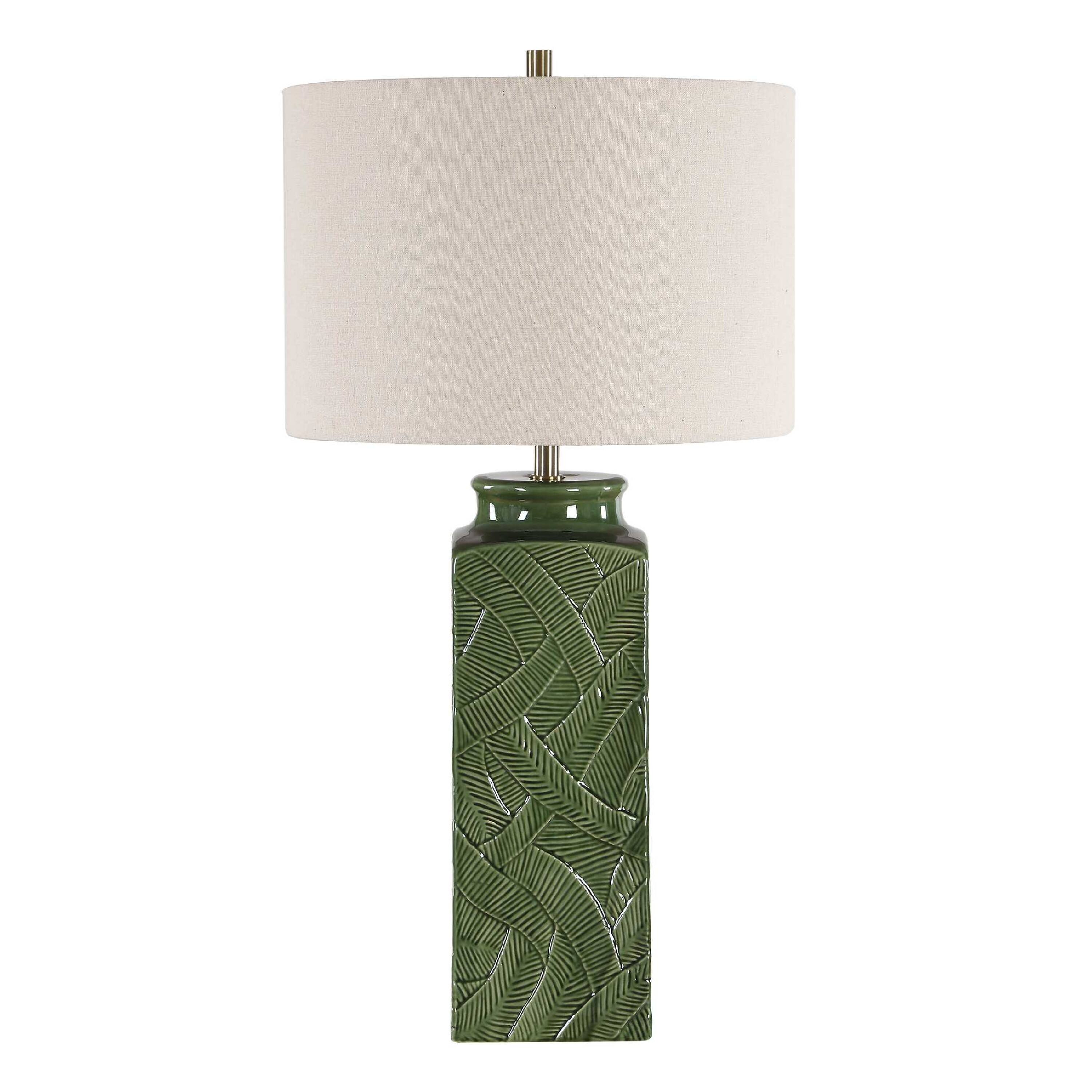 Front. Manhattan Lane - Table Lamp, Shade, Raised Leaf Motif, Ceramic, 28 Inch - Beige, Glossy Green.