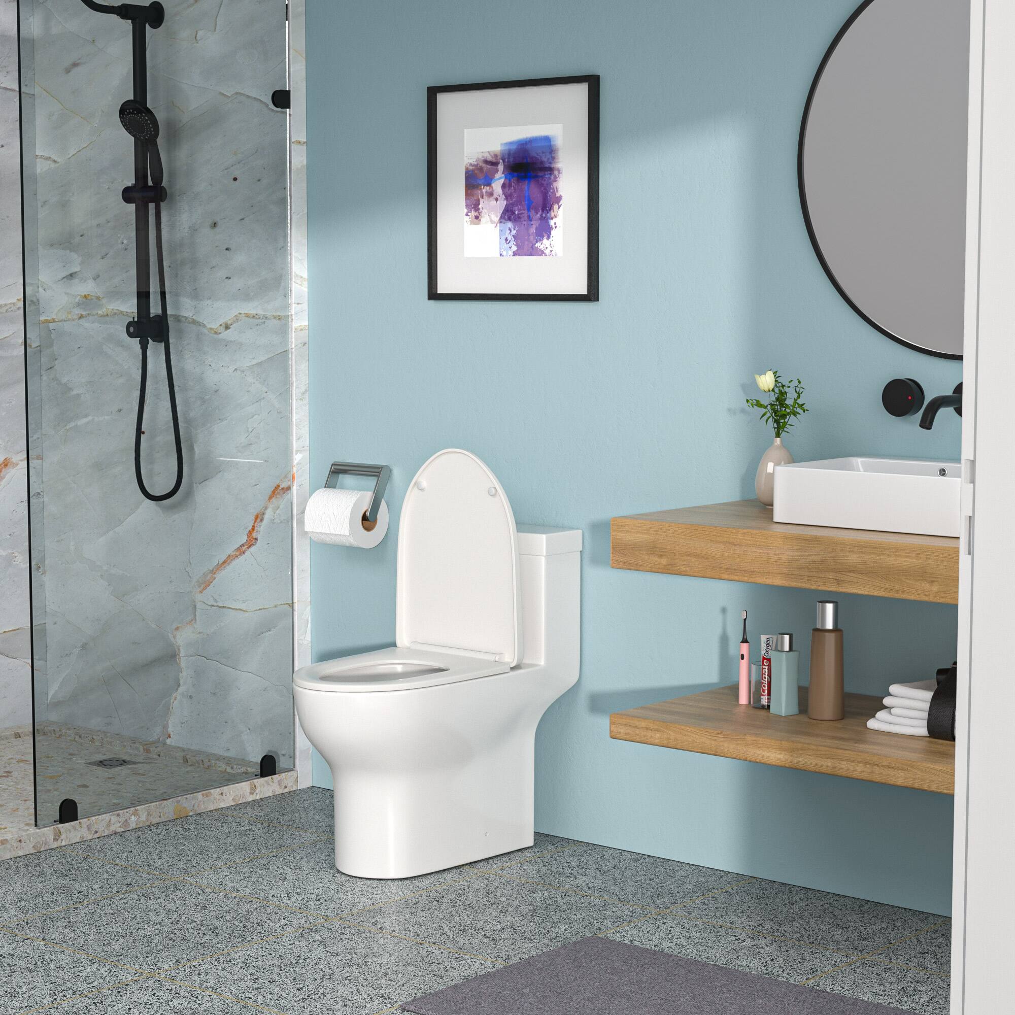 Angle. TinyHomie - Ceramic One Piece Toilet Single Flush with Soft Closing Seat - White.