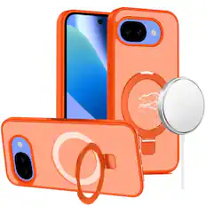 Front. Kitcheniva - Matte Finish Metal Circle Ring Stand Rugged Cover Phone Case With Tempered Glass For Google Pixel 10a Cosmic Orange - Cosmic Orange.