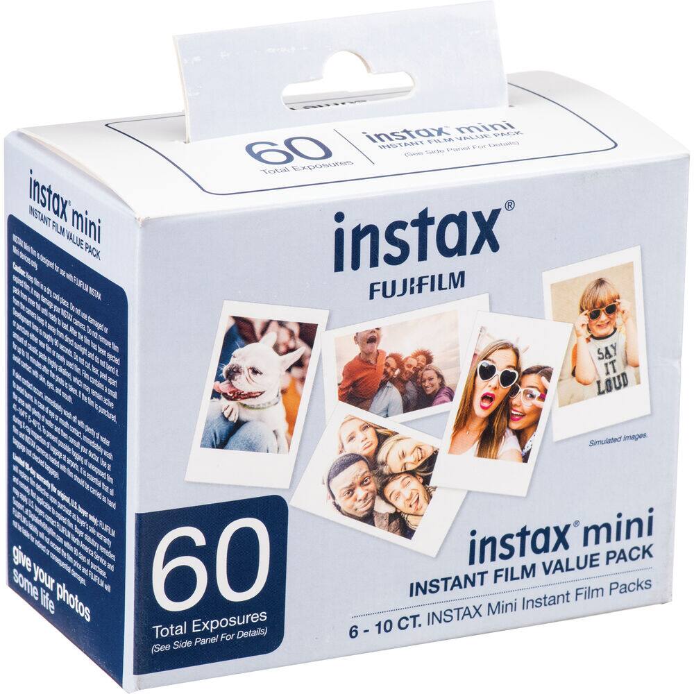 instax mini INSTANT FILM VALUE PACK  
FUJIFILM  

60 Total Exposures  
(See Side Panel For Details)  

6 - 10 CT. INSTAX Mini Instant Film Packs  

give your photos some life  

Simulated Images.  

instax mini  
INSTANT FILM VALUE PACK  

SAY IT LOUD