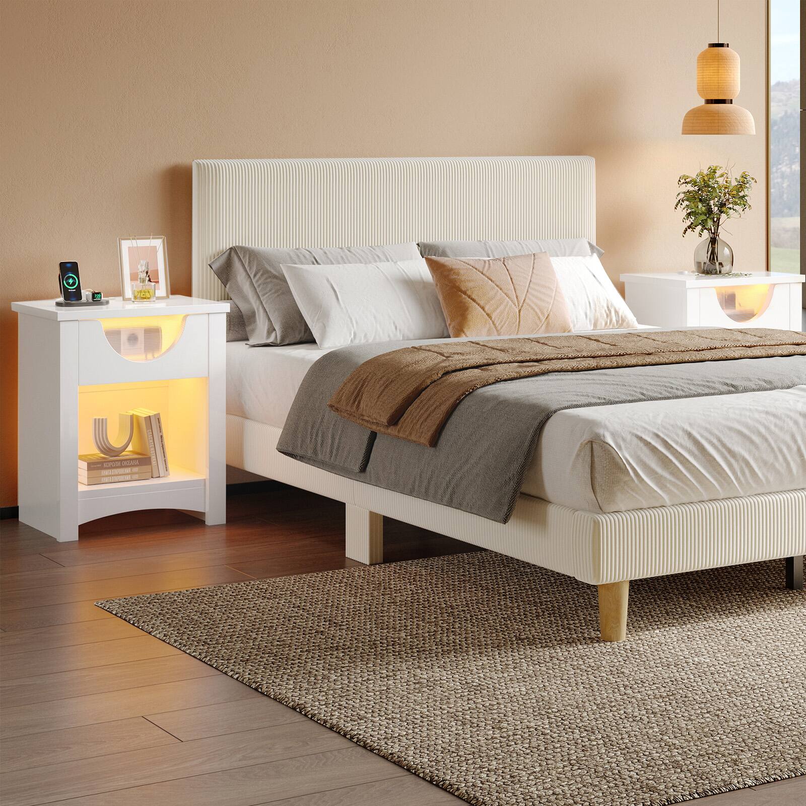 Alt View 1. Bestier - Nightstands with Charging Station, Modern LED End Table Bedside Table with Drawer for Bedroom, Living Room - Bright White - Set of 2.