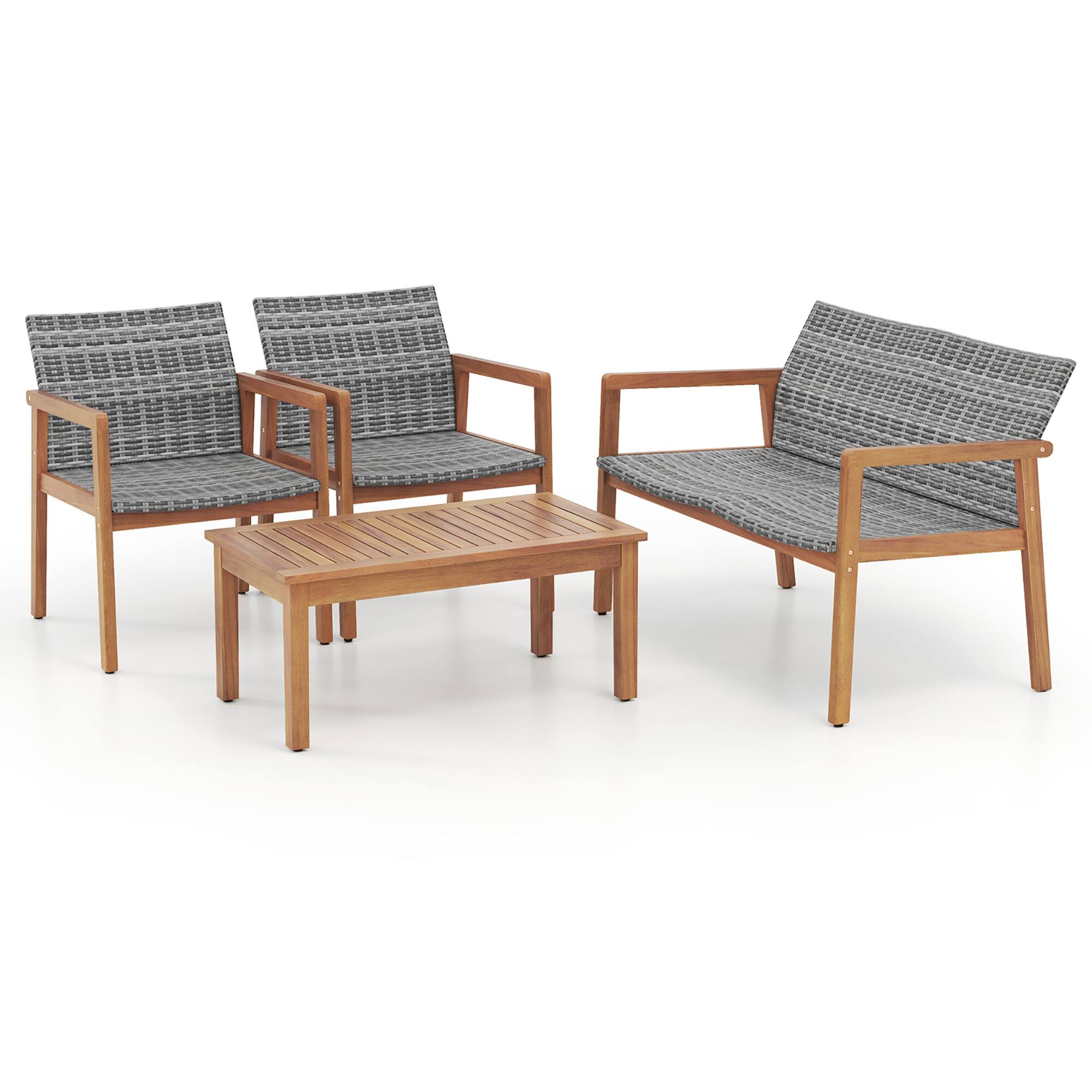 Alt View 9. Gymax - Gymax 4 Pieces Outdoor Furniture Set Acacia Wood Frame Sofa Set w/ Rattan Seat - Mix Gray.