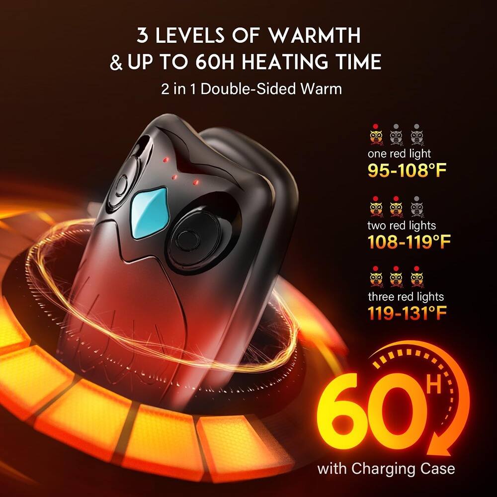 3 LEVELS OF WARMTH & UP TO 60H HEATING TIME  
2 in 1 Double-Sided Warm  

- one red light: 95-108°F  
- two red lights: 108-119°F  
- three red lights: 119-131°F  

60H with Charging Case