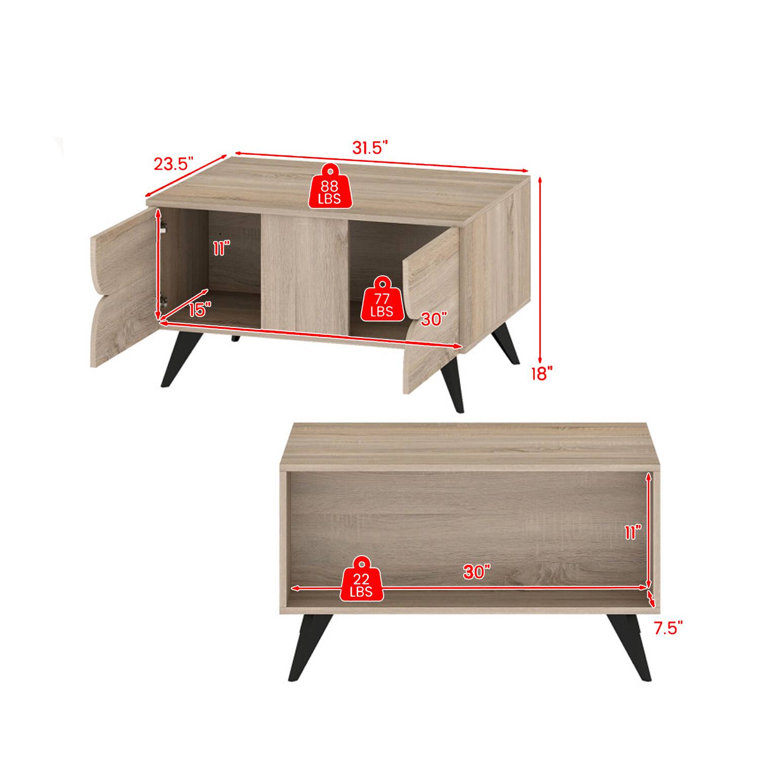 23.5" x 31.5" x 88 LBS  
11" x 15" x 77 LBS  
30" x 18" x 11" x 22 LBS  
30" x 7.5"