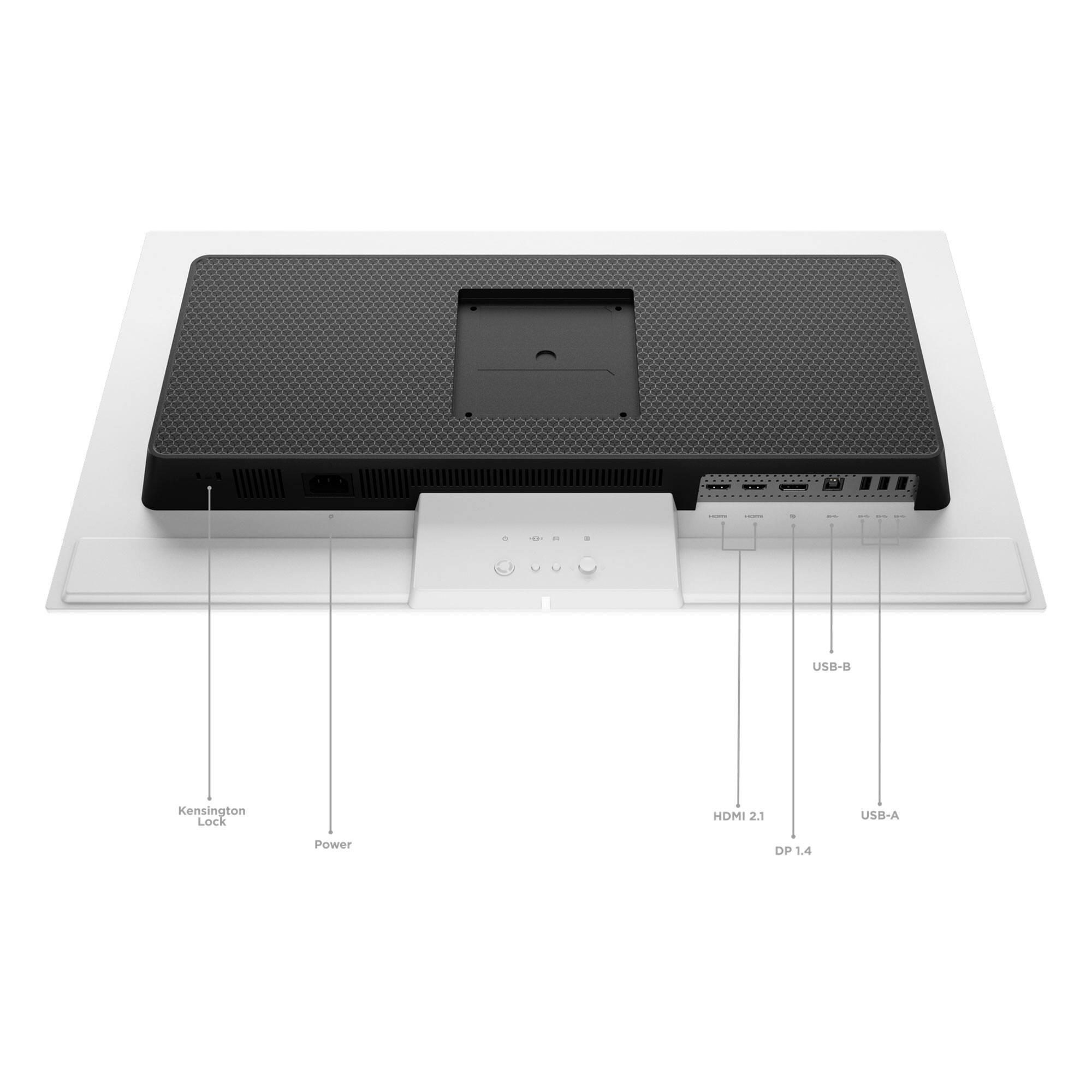 - Kensington Lock
- Power
- USB-B
- HDMI 2.1
- DP 1.4
- USB-A
