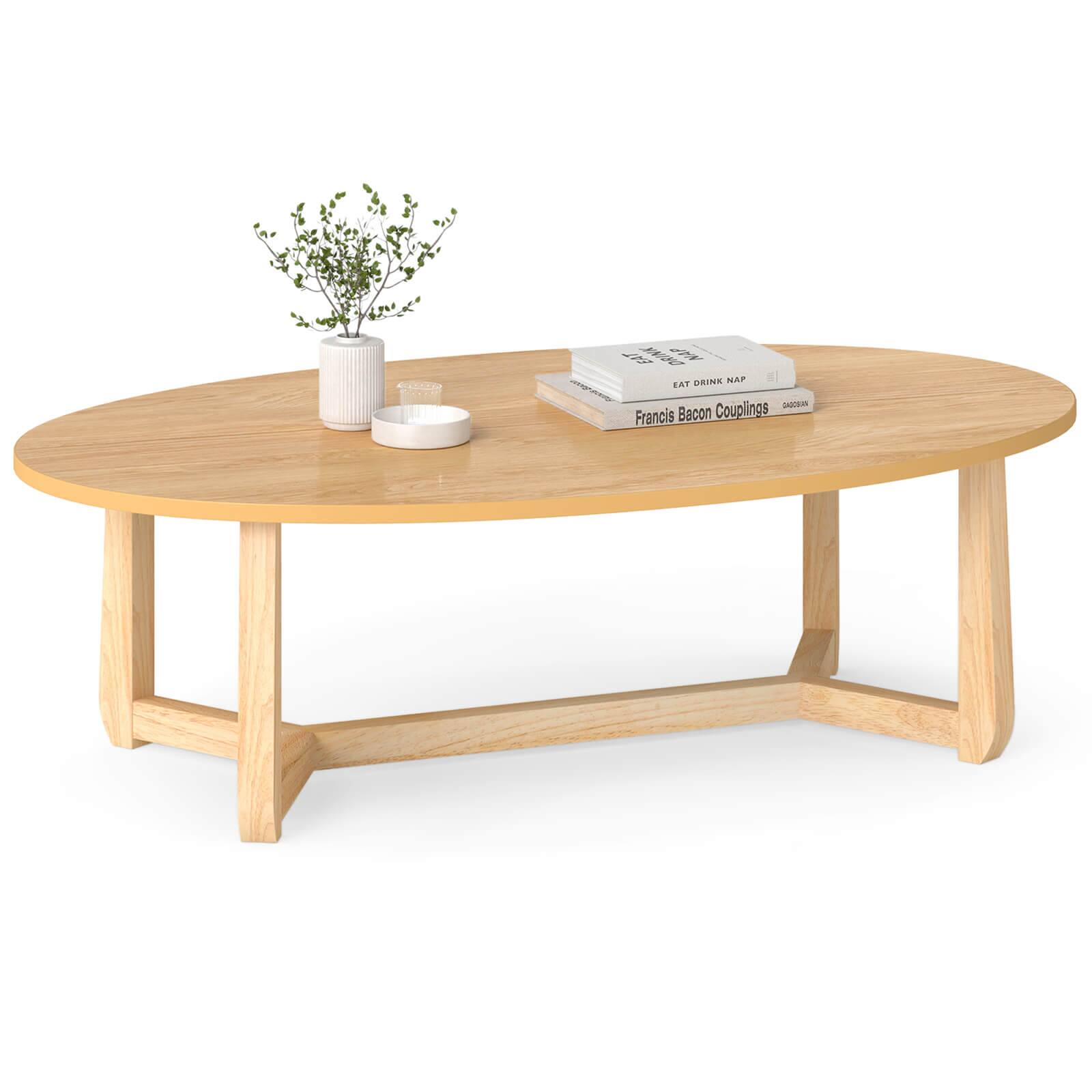 Costway - 46" Oval Coffee Table with Thickened Top & Solid Rubber Wood Frame for Living Room - Natural