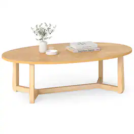 Costway - 46" Oval Coffee Table with Thickened Top & Solid Rubber Wood Frame for Living Room - Natural