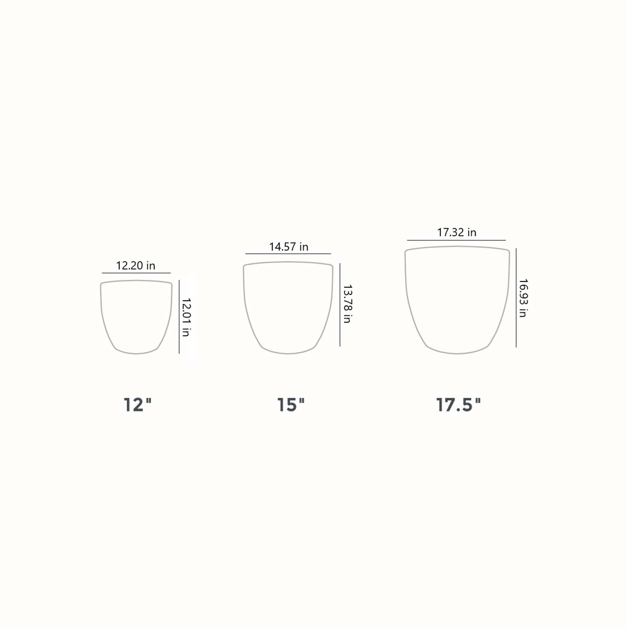 12"  
12.01 in  
12.20 in  

15"  
13.78 in  
14.57 in  

17.5"  
16.93 in  
17.32 in