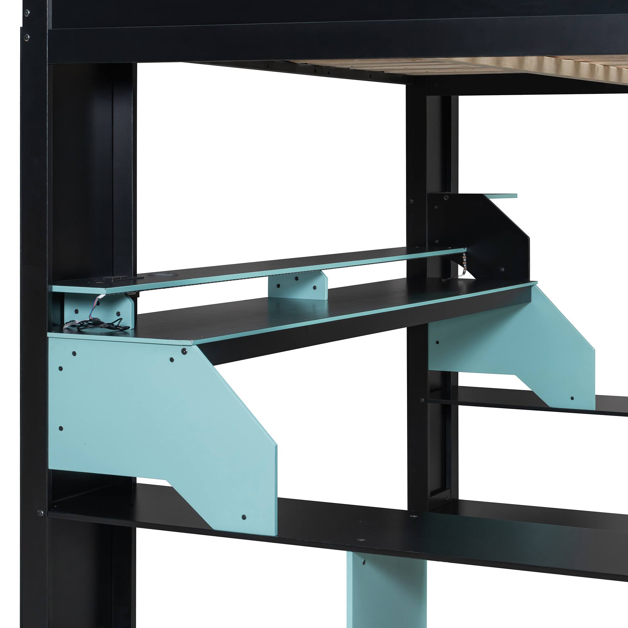 Alt View 5. Anysun - Full Size Wood Loft Bed with Power Outlet & USB/Type-C Ports, Integrated Cable Management, and RGB Light - Blue.