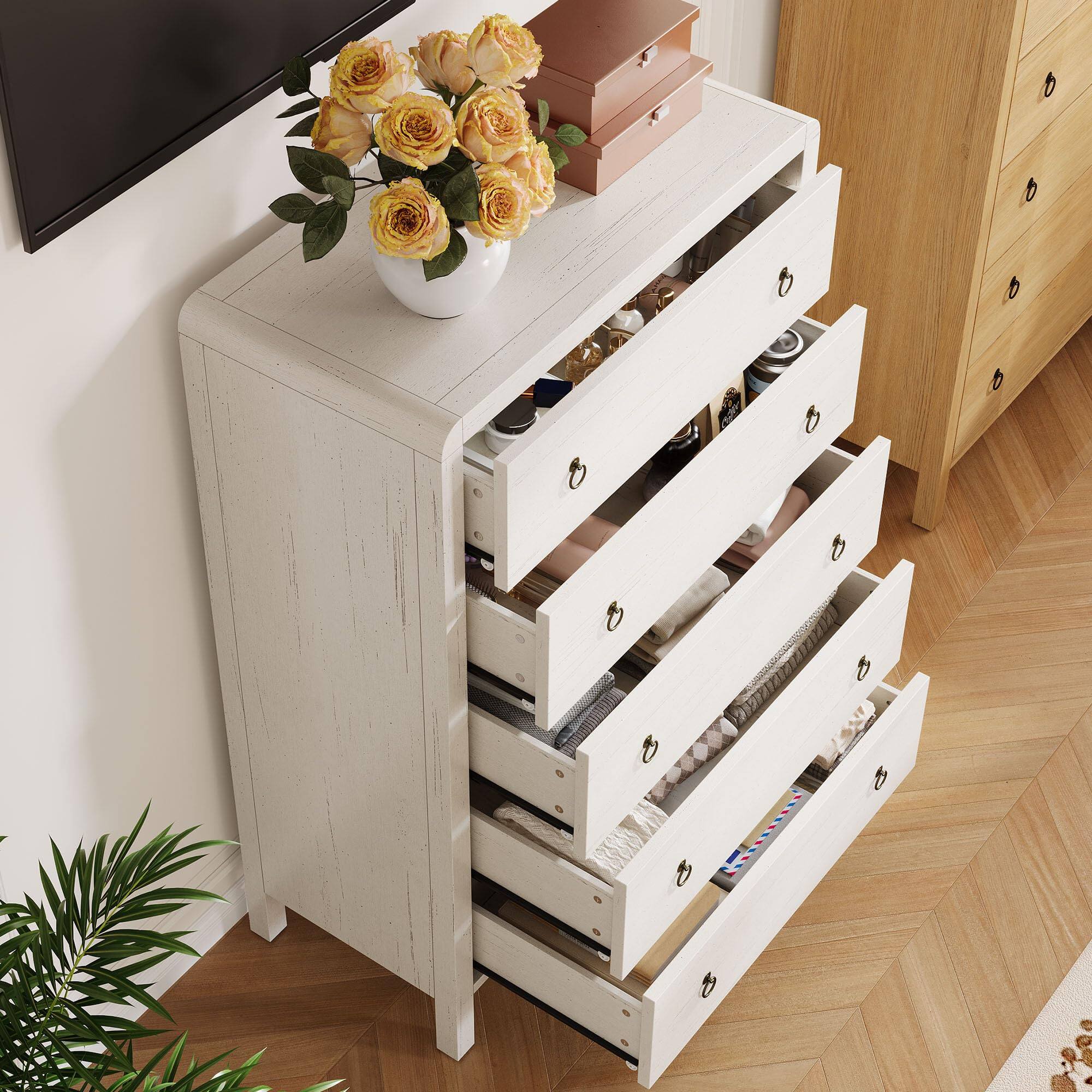 Alt View 5. Jojoka - 5 Drawer Dresser, Wooden Chest of Drawers for Bedroom, Storage Cabinet Clothes Organizer Drawers - White.