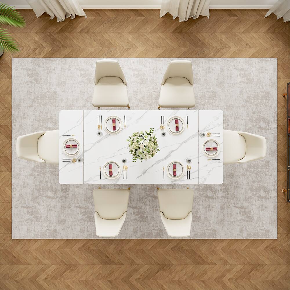 Alt View 10. POVISON - 55"-79" Modern Luxury Extendable Dining Table for 4-6, White Glossy Sintered Stone Top with Titanium Gold X-Base - White.