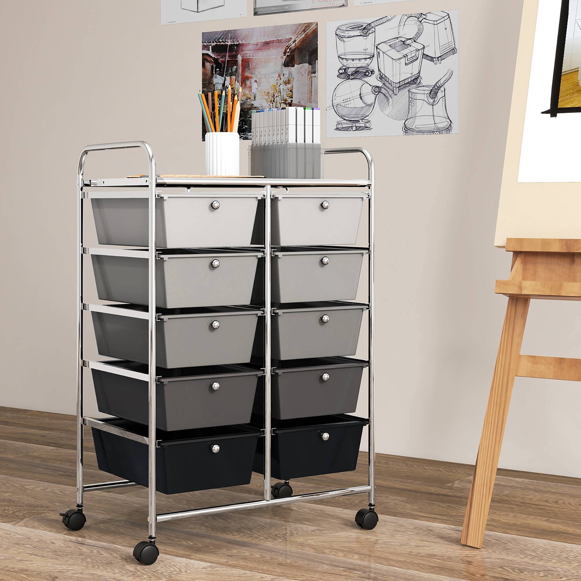 Alt View 3. Gymax - Gymax 10-Drawer Rolling Storage Cart Tools Scrapbook Paper Organizer on Wheels Black Gradient - Black Gradient.