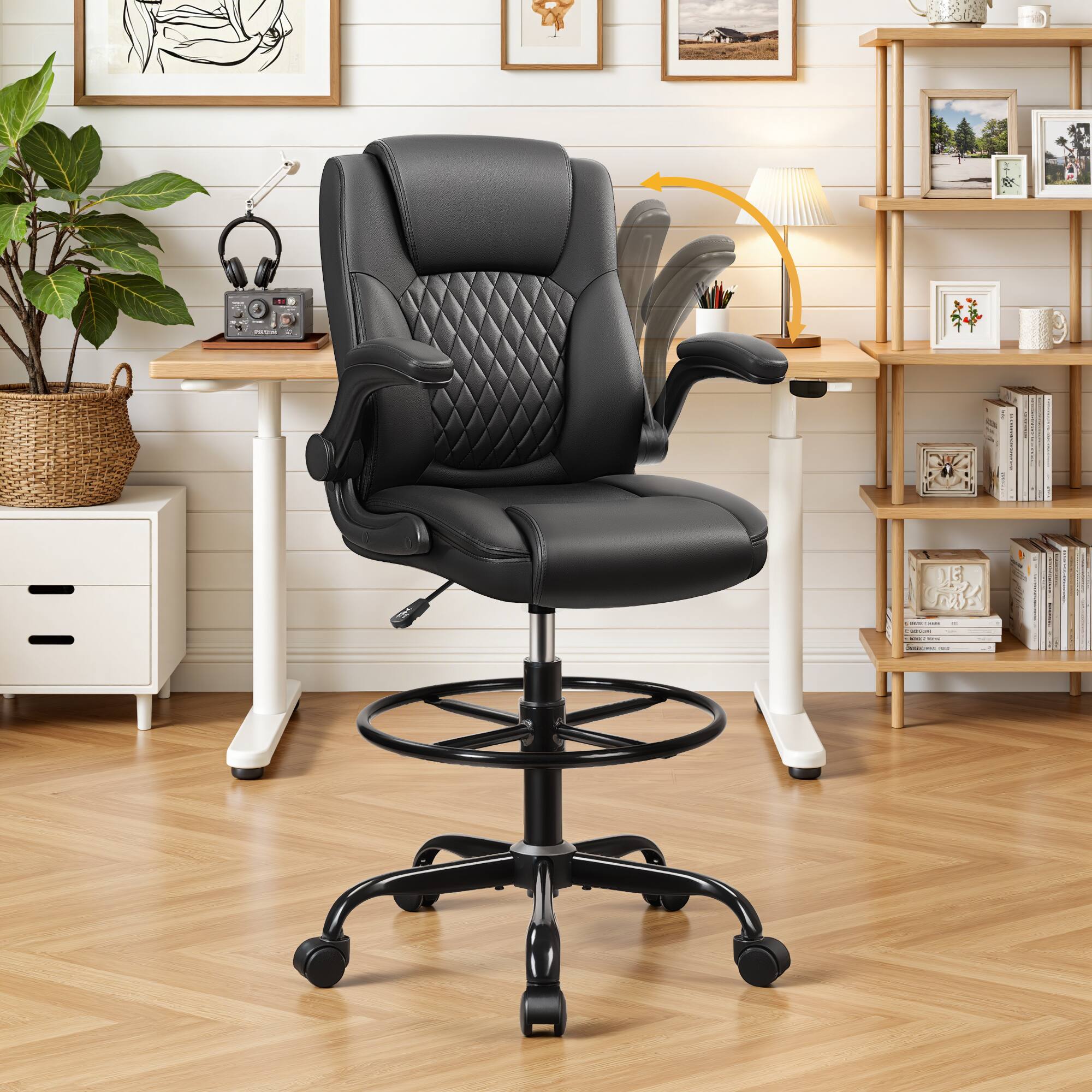 Alt View 1. Brick Attic - Drafting Chair, Tall Office Chair for Standing Desk, High Executive Leather Ergonomic Computer Chair Adjustable - Black.