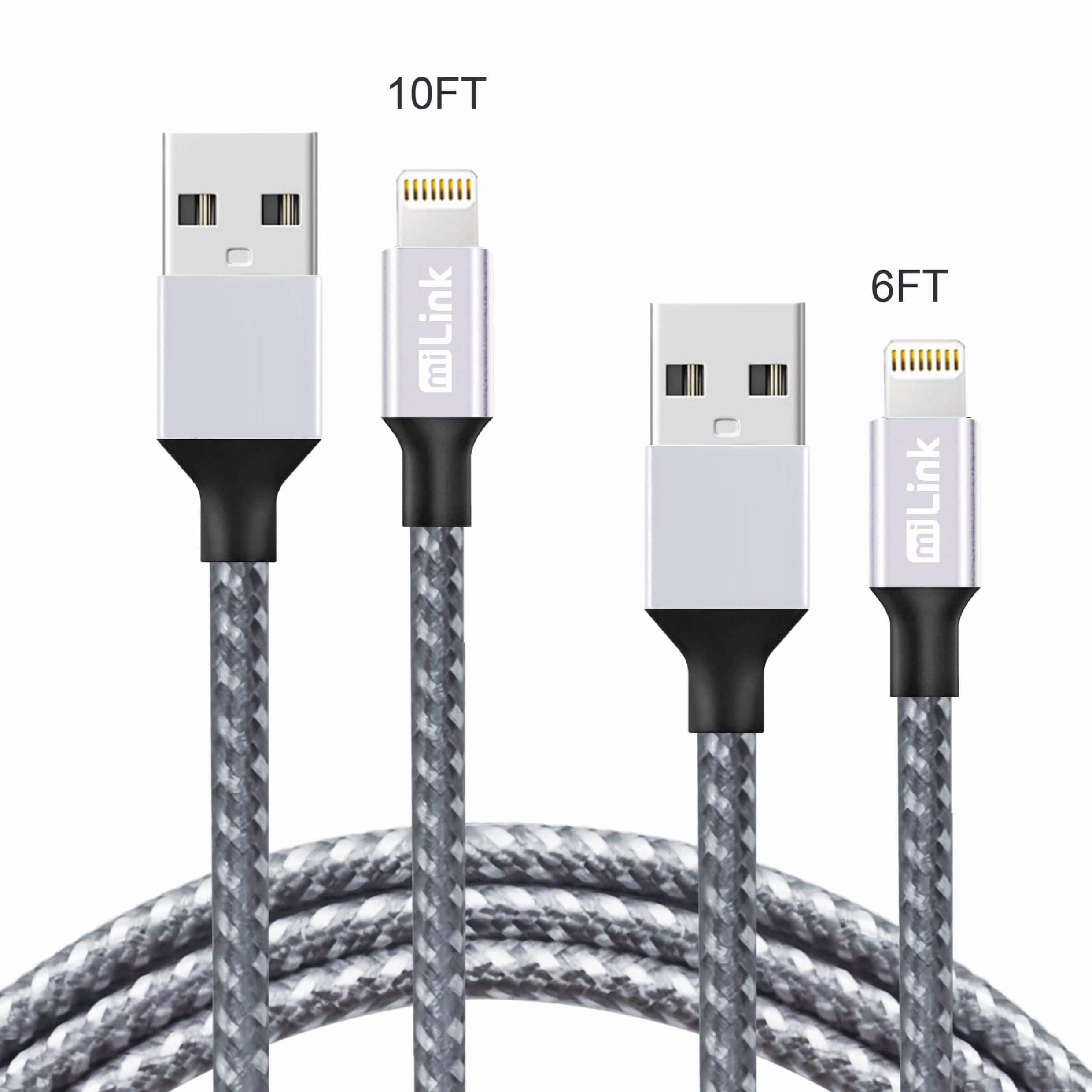 miLink - 2-Pack 8-pin to USB-A Changing and Syncing Cable (silver/grey-white)