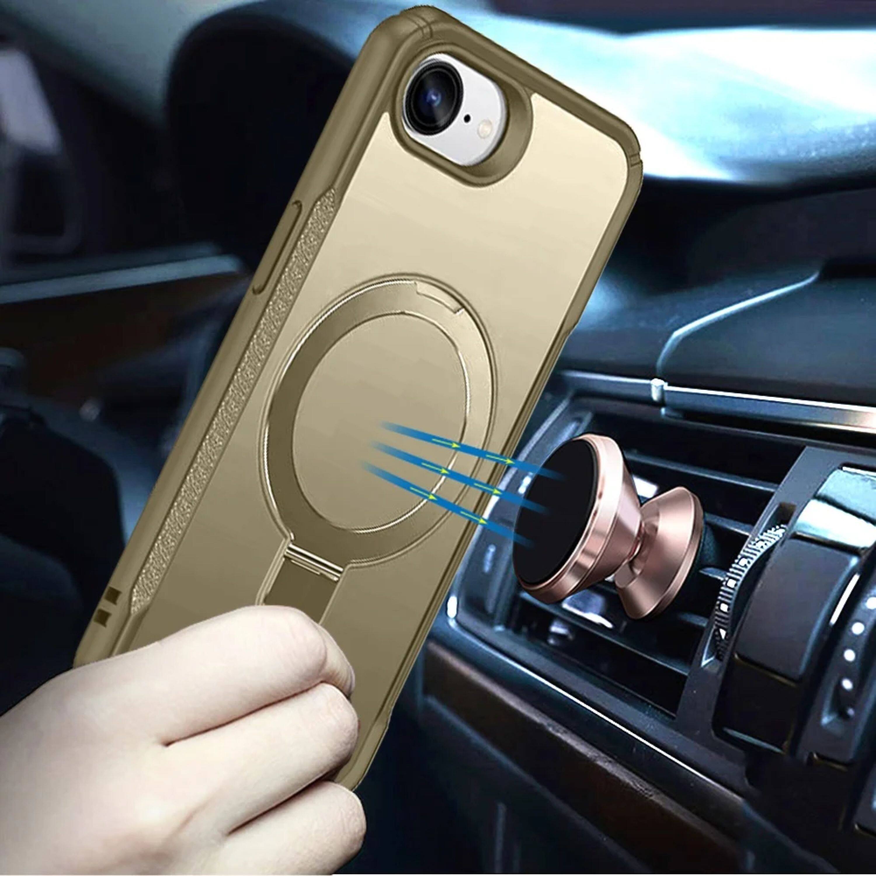Left. Kitcheniva - Matte Hybrid Magnetic Circle Stand Phone Case With Tempered Glass For iPhone 16e/17e Khaki - Khaki.