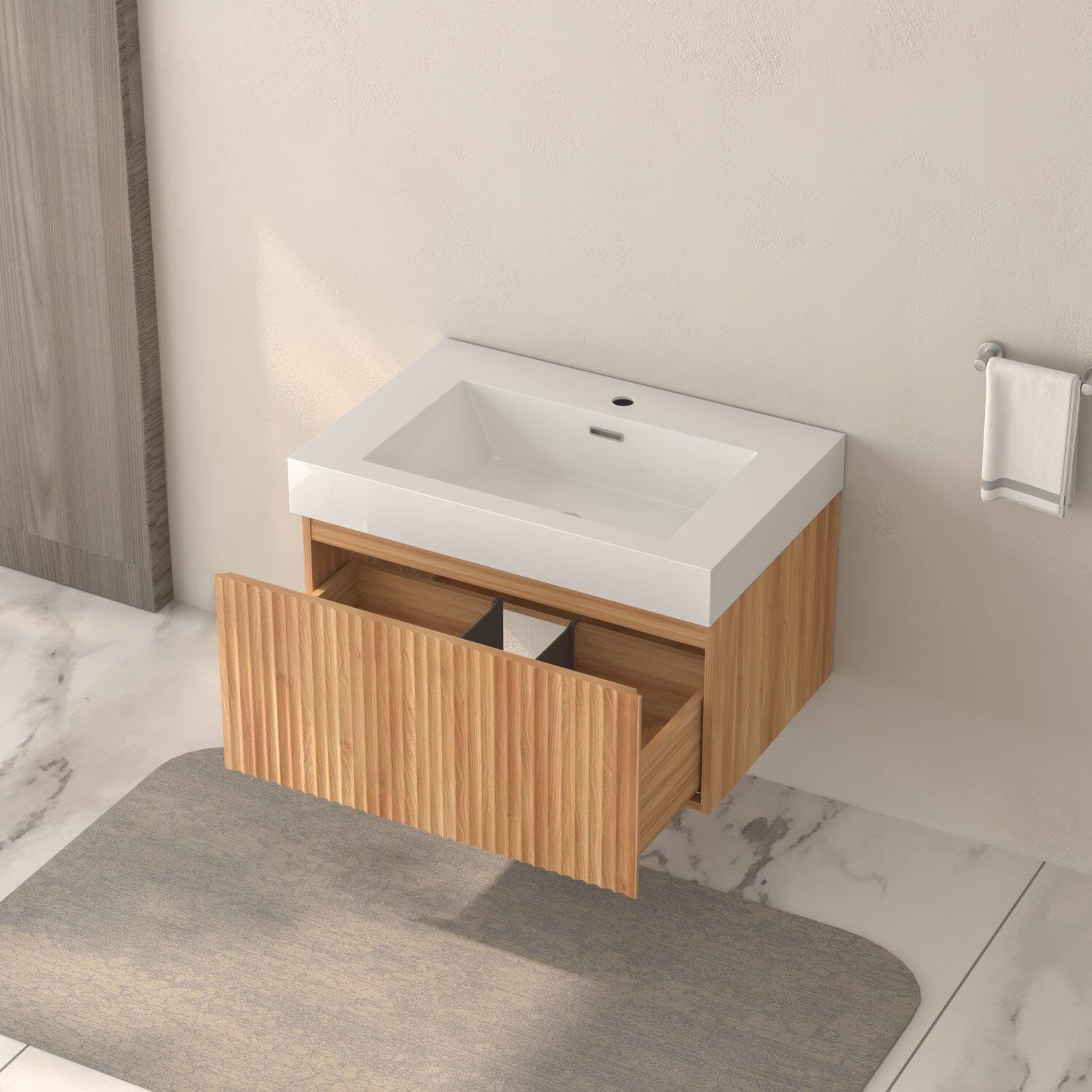 Alt View 10. Boyel Living - 30 in Wall-Mounted Bathroom Vanity with Integrated Basin Plywood Cabinet Modern Minimalist Floating Design Acacia Finish - Acacia.