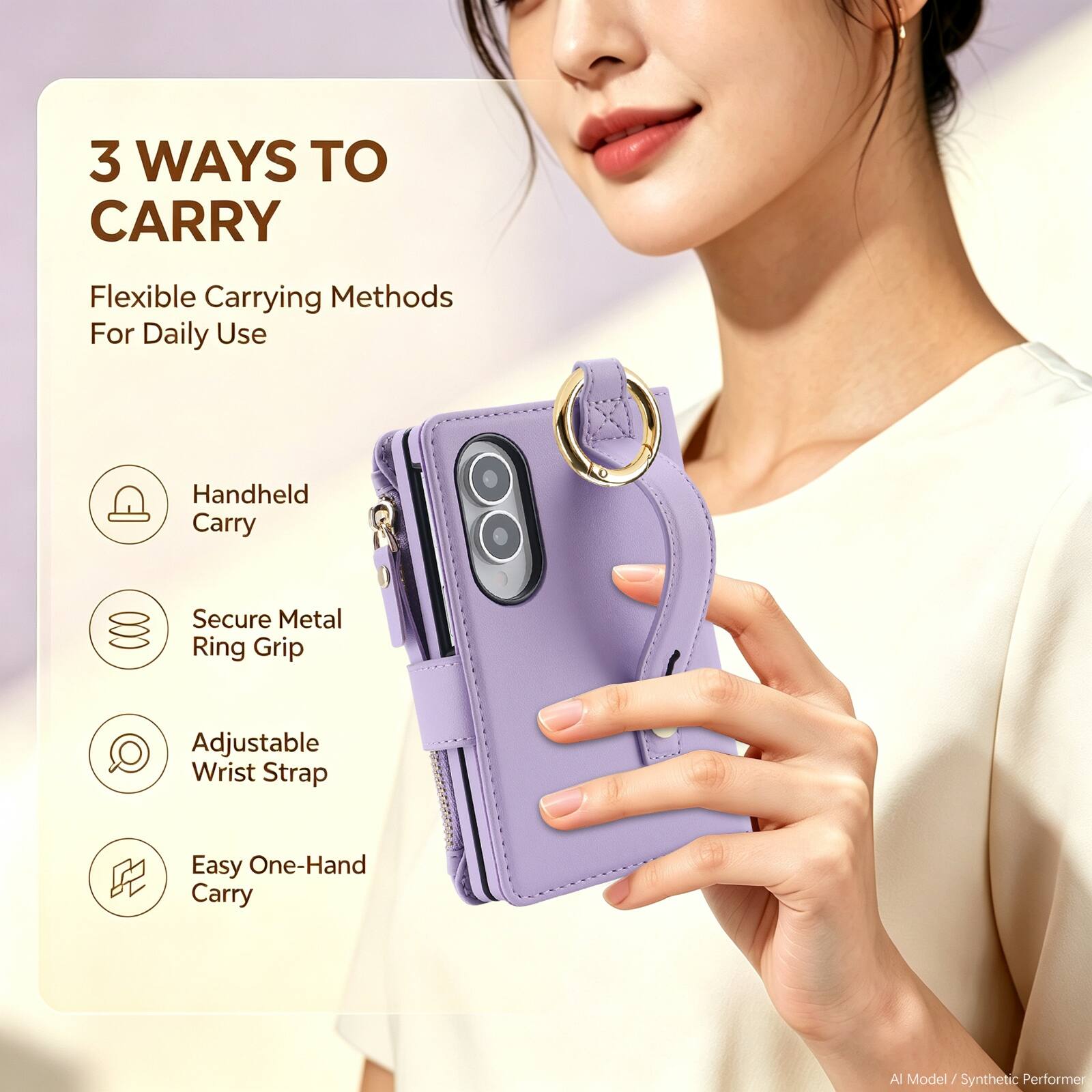 3 WAYS TO CARRY  
Flexible Carrying Methods For Daily Use  
- Handheld Carry  
- Secure Metal Ring Grip  
- Adjustable Wrist Strap  
- Easy One-Hand Carry  

AI Model / Synthetic Performer