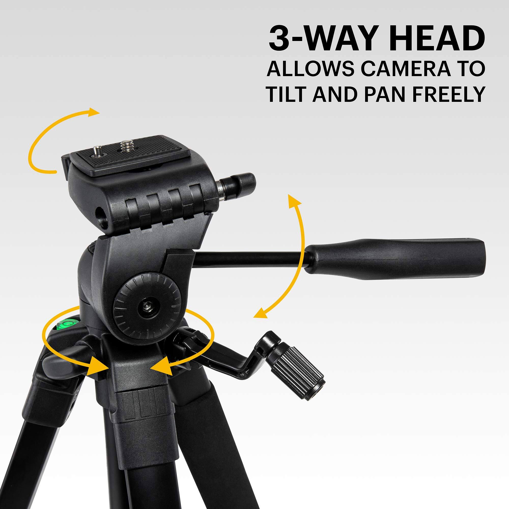 3-WAY HEAD
ALLOWS CAMERA TO TILT AND PAN FREELY