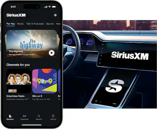 9:41
SiriusXM
For You
Music
Talk & Podcasts
Sports
How
The Highway
Next generation country music
Channels for you
Smartless Radio
Smartless streaming, 24/7
90s on 9
Pop hits from the 90s
Kr
Discover
Channels
Search
Library