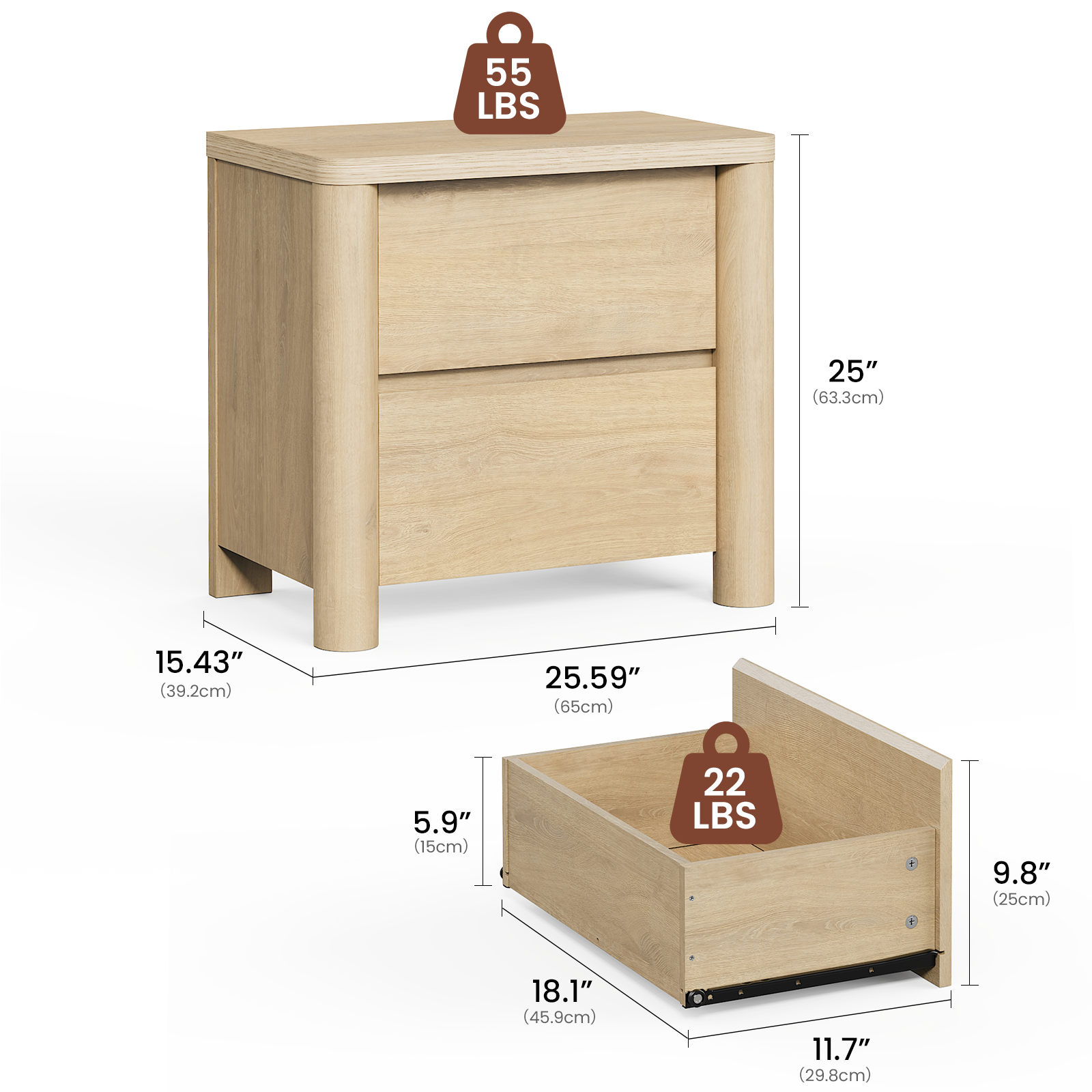 55 LBS  
25" (63.3cm)  
15.43" (39.2cm)  
25.59" (65cm)  
5.9" (15cm)  
22 LBS  
9.8" (25cm)  
18.1" (45.9cm)  
11.7" (29.8cm)