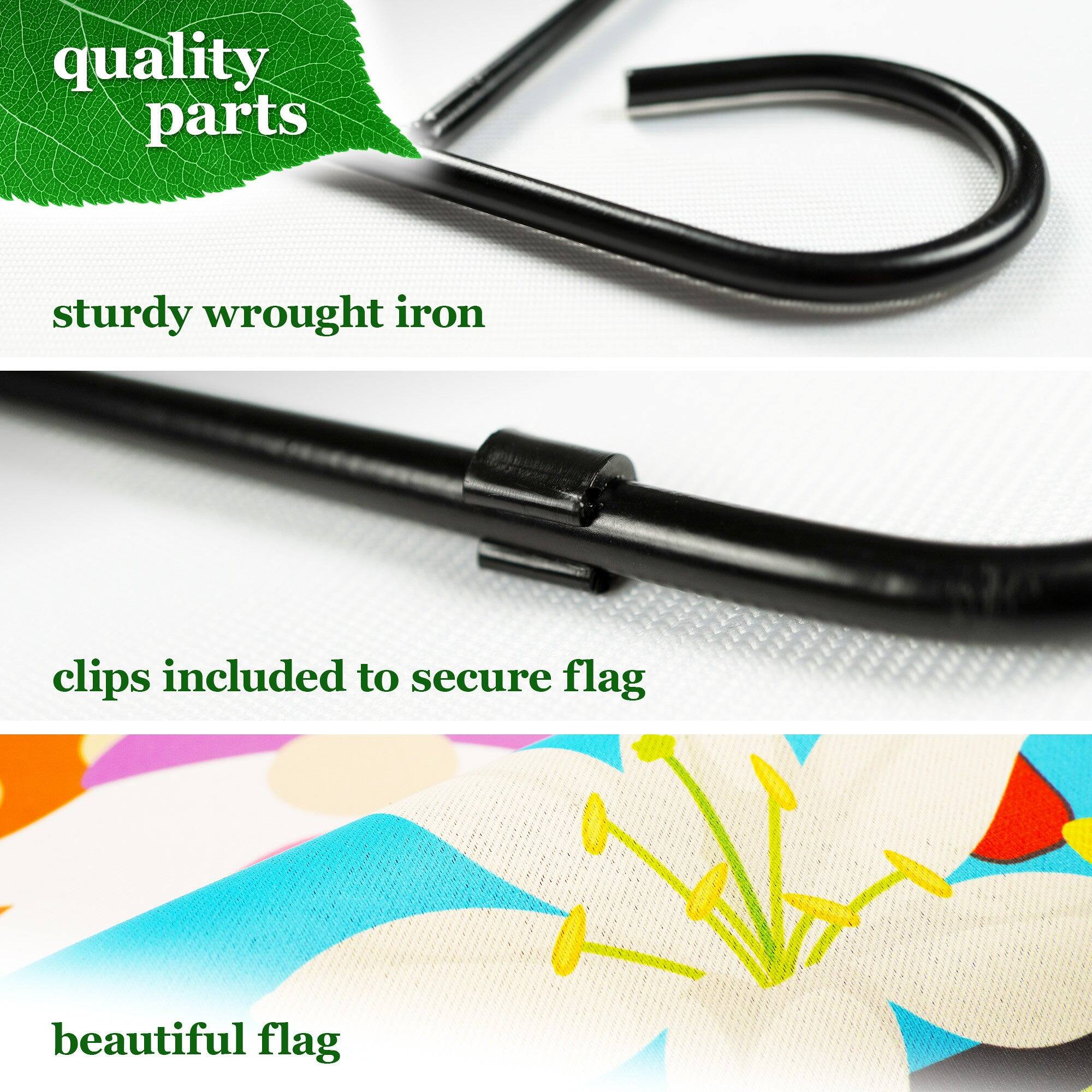 quality parts  
sturdy wrought iron  
clips included to secure flag  
beautiful flag