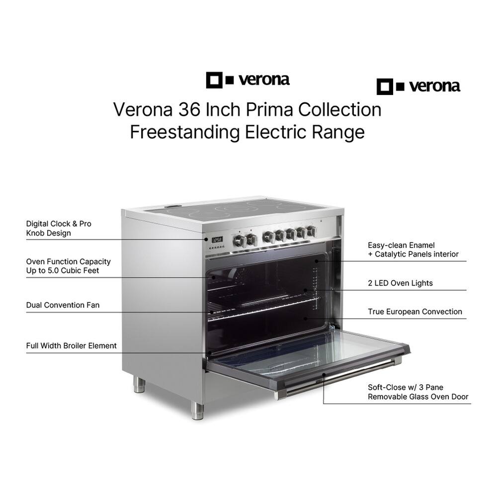 Verona 36 Inch Prima Collection Freestanding Electric Range Digital Clock & Pro Knob Design Oven Function Capacity Up to 5.0 Cubic Feet Easy-clean Enamel + Catalytic Panels interior 2 LED Oven Lights Dual Convention Fan True European Convection Full Width Broiler Element Soft-Close w/ 3 Pane Removable Glass Oven Door
